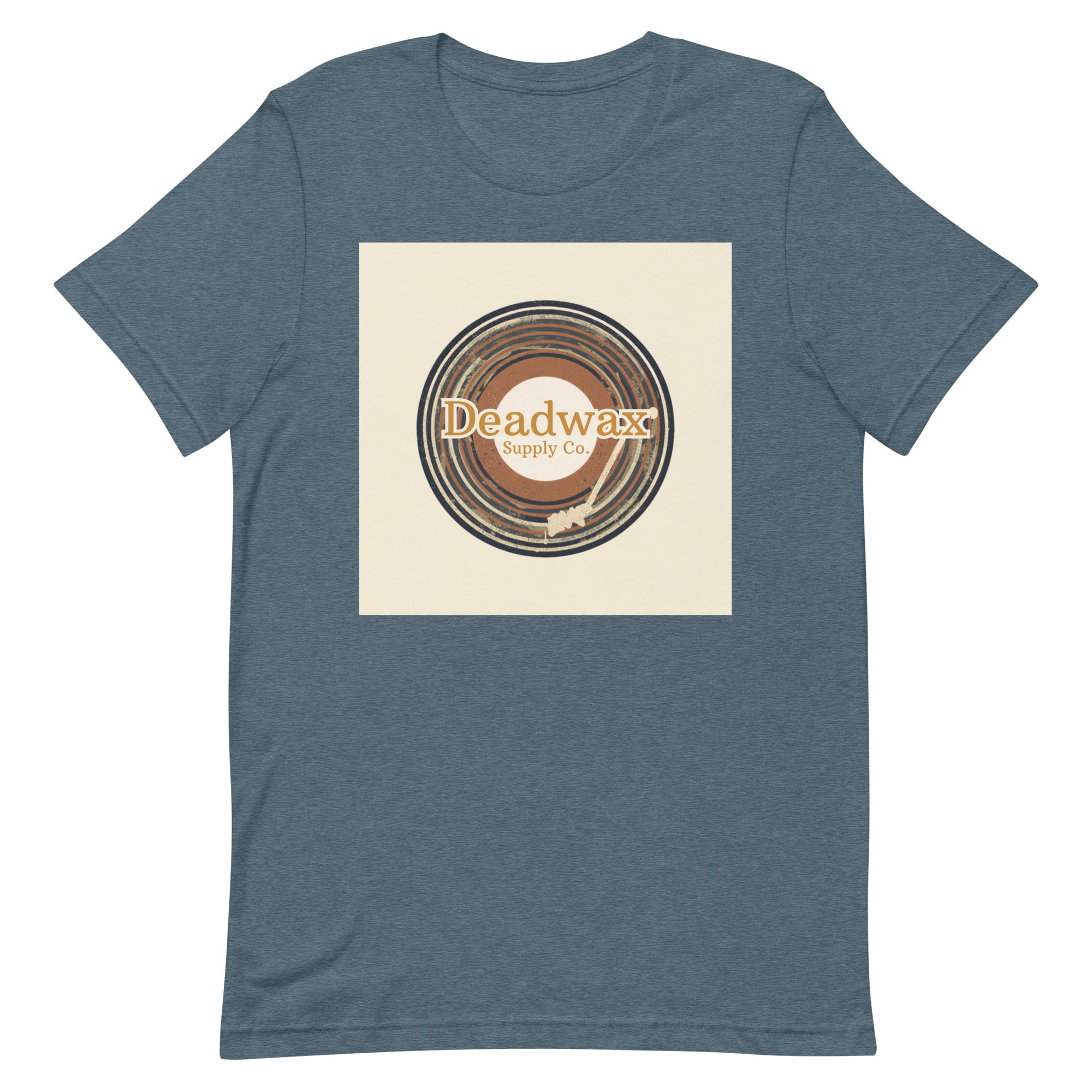Deadwax Tonearm Tee in heather slate – vinyl record collector t-shirt with tonearm and record logo