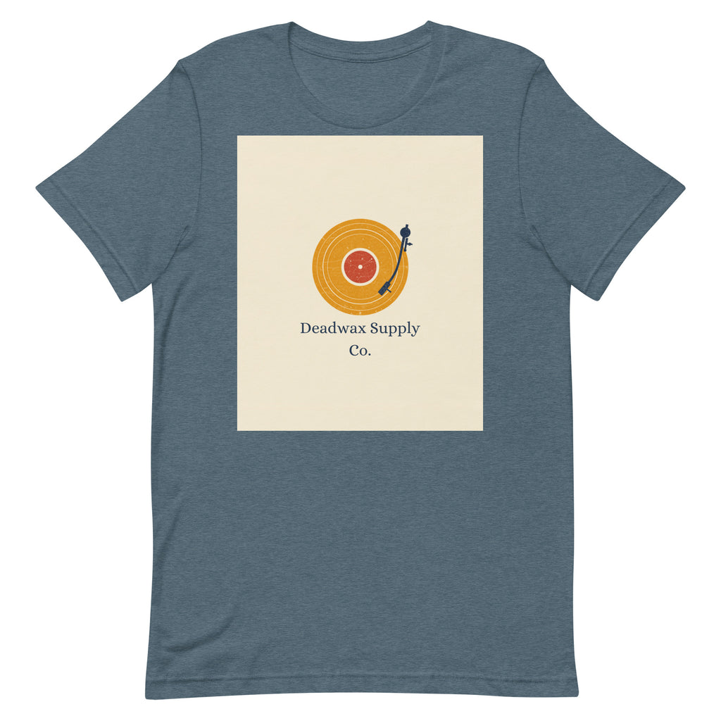 Deadwax Tonearm Tee in heather slate – vinyl record collector t-shirt with tonearm and record logo