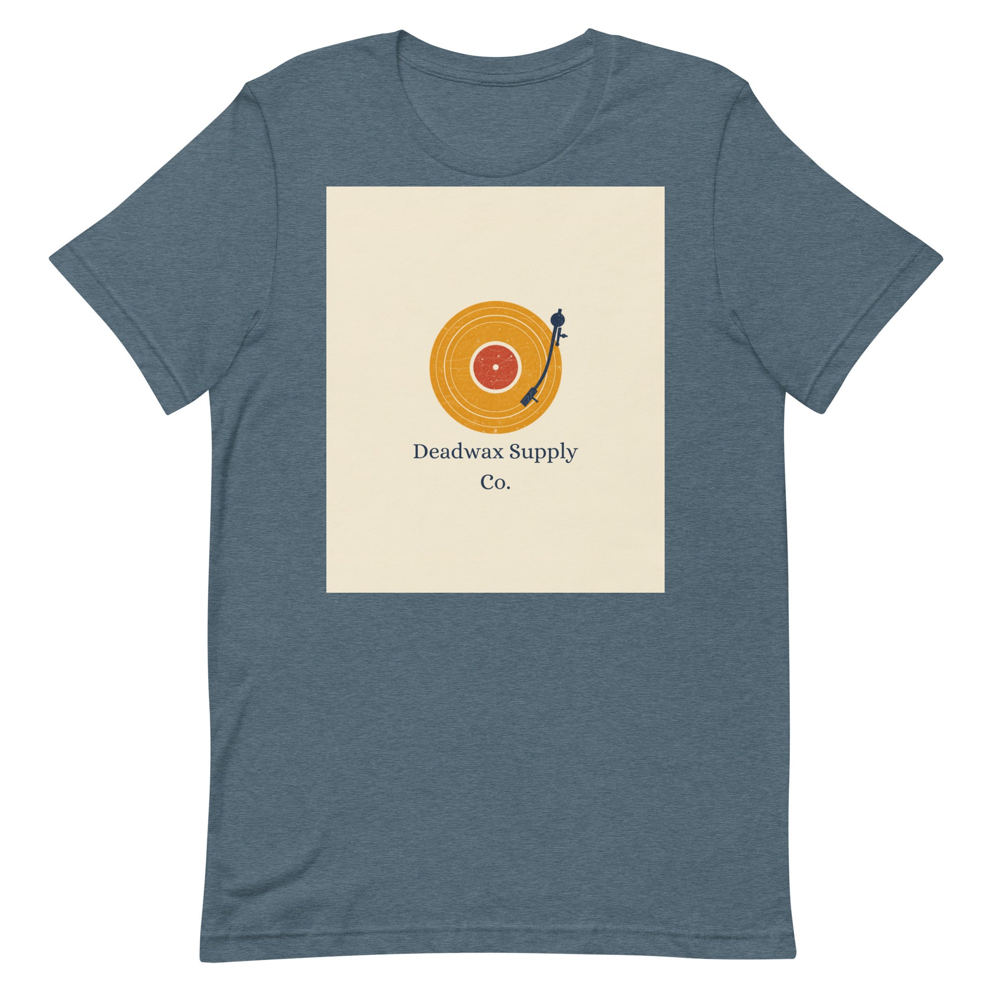 Deadwax Tonearm Tee in heather slate – vinyl record collector t-shirt with tonearm and record logo