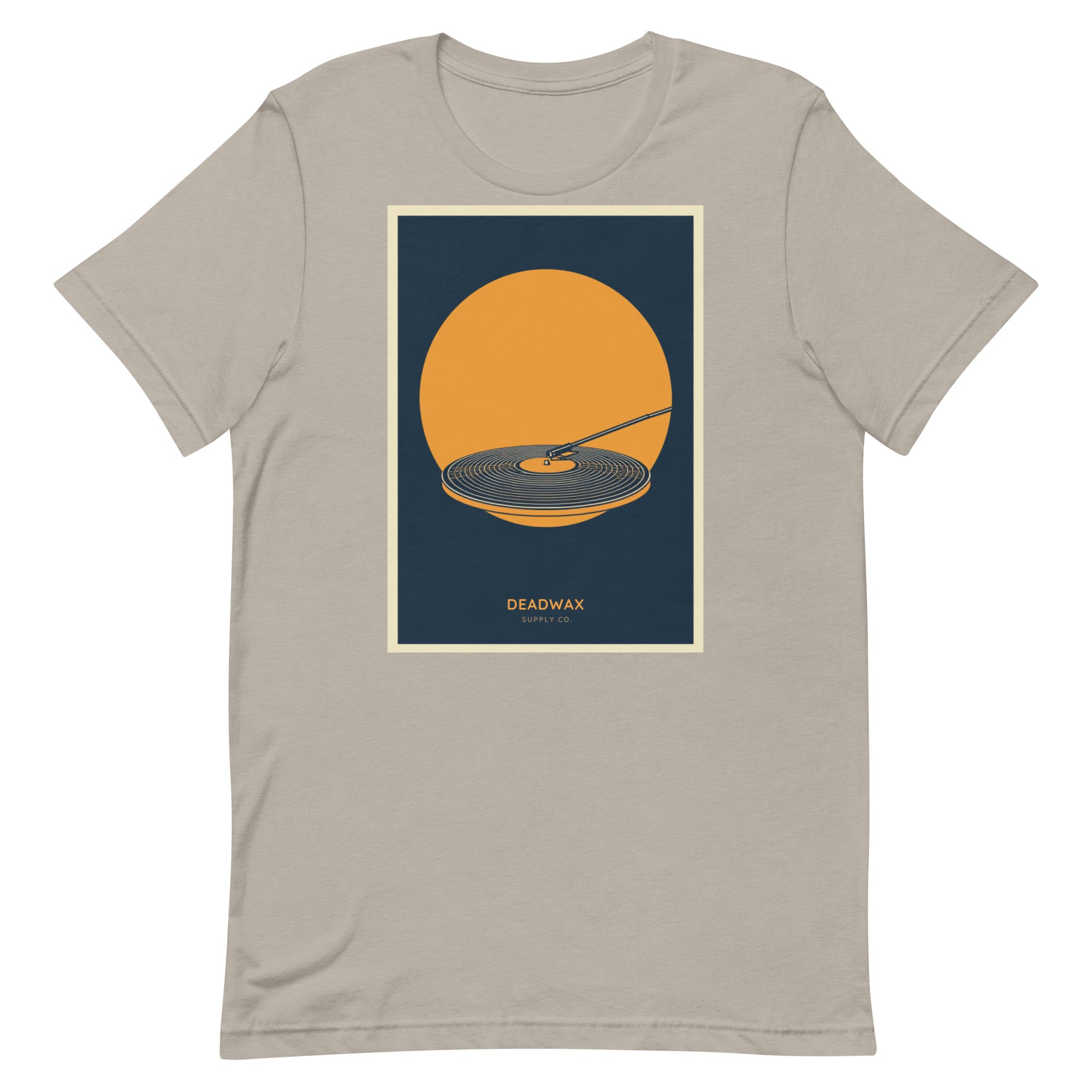 Deadwax Tonearm Tee in heather stone – vinyl record collector t-shirt with tonearm and record logo
