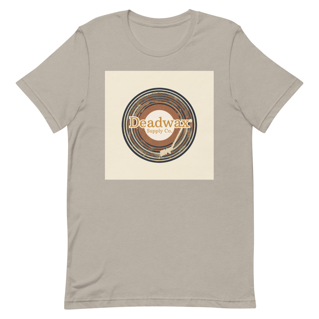 Deadwax Tonearm Tee in heather stone – vinyl record collector t-shirt with tonearm and record logo