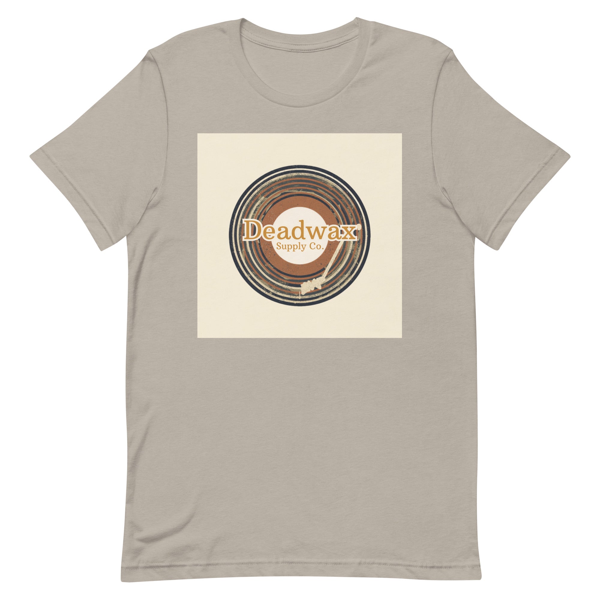 Deadwax Tonearm Tee in heather stone – vinyl record collector t-shirt with tonearm and record logo