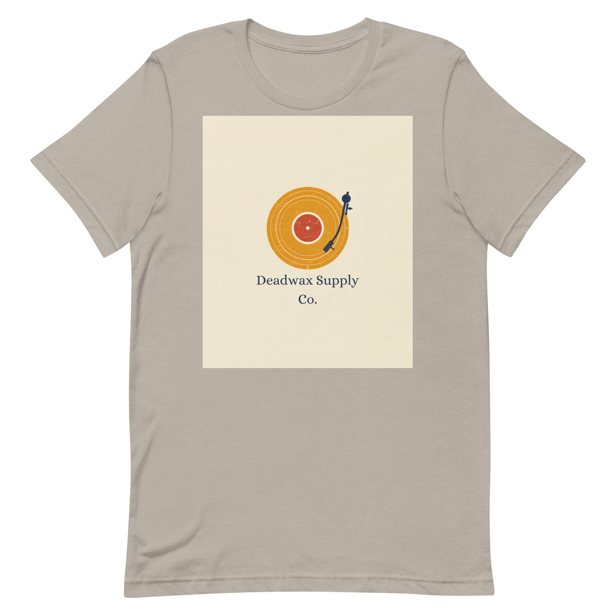 Deadwax Tonearm Tee in heather stone – vinyl record collector t-shirt with tonearm and record logo