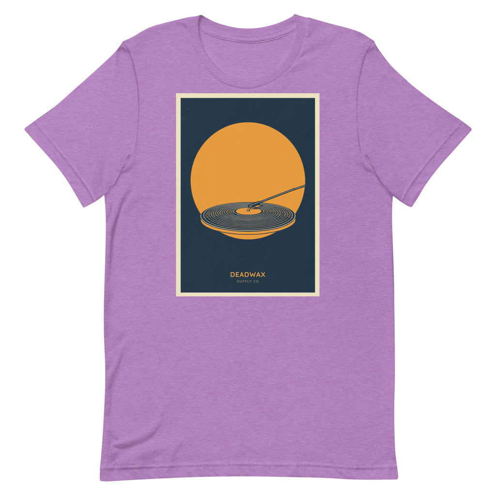 Deadwax Tonearm Tee in heather team purple – vinyl record collector t-shirt with tonearm and record logo