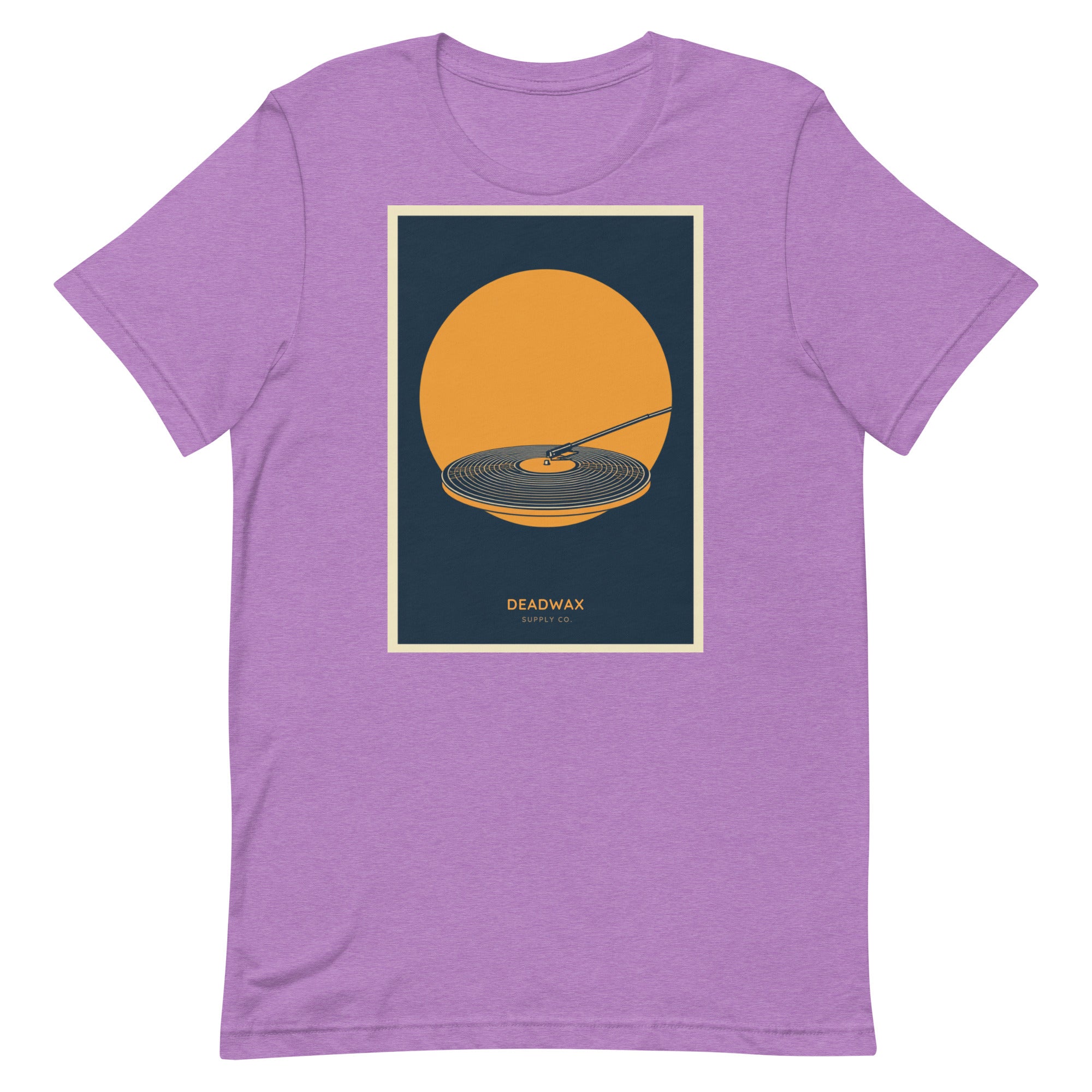Deadwax Tonearm Tee in heather team purple – vinyl record collector t-shirt with tonearm and record logo