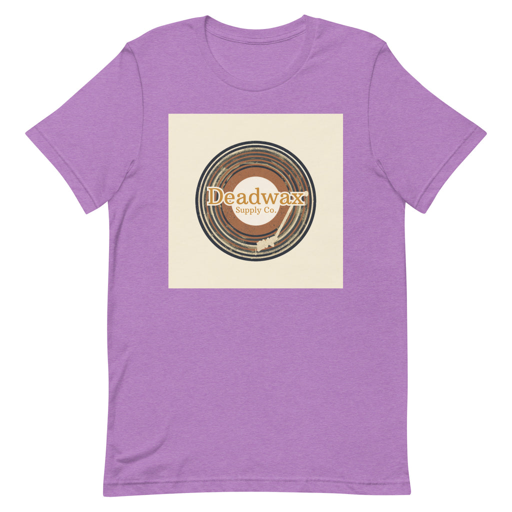 Deadwax Tonearm Tee in heather team purple – vinyl record collector t-shirt with tonearm and record logo