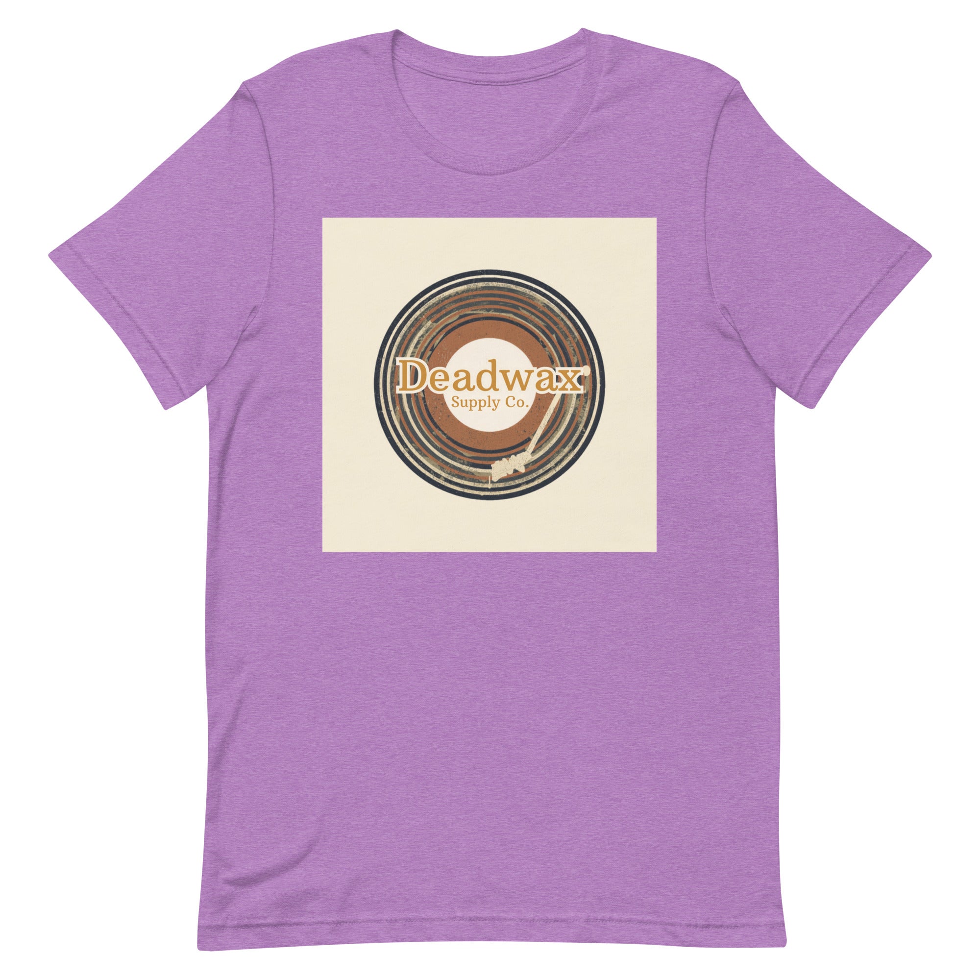 Deadwax Tonearm Tee in heather team purple – vinyl record collector t-shirt with tonearm and record logo