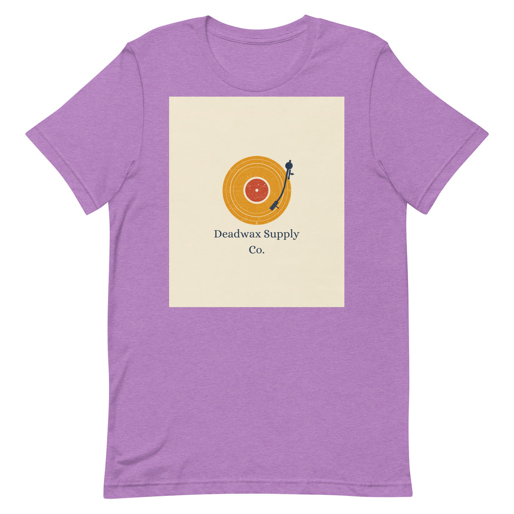 Deadwax Tonearm Tee in heather team purple – vinyl record collector t-shirt with tonearm and record logo