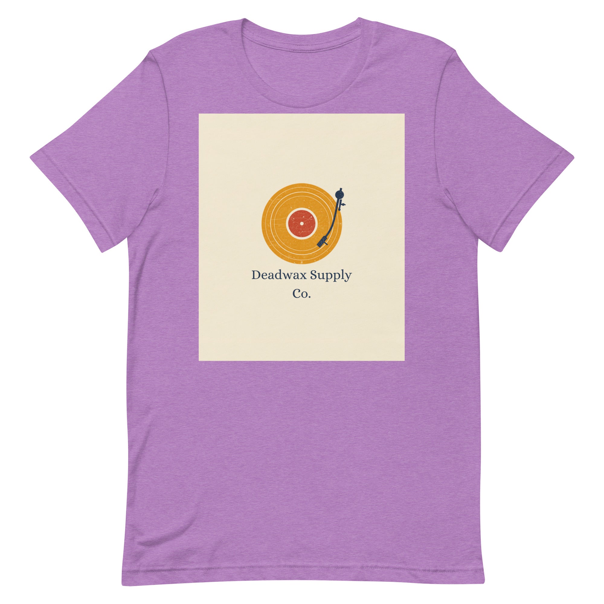 Deadwax Tonearm Tee in heather team purple – vinyl record collector t-shirt with tonearm and record logo