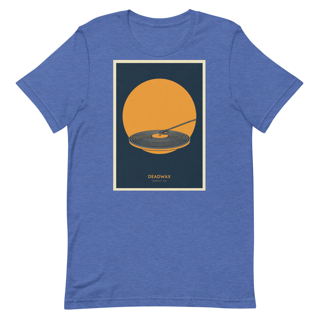 Deadwax Tonearm Tee in heather true royal – vinyl record collector t-shirt with tonearm and record logo