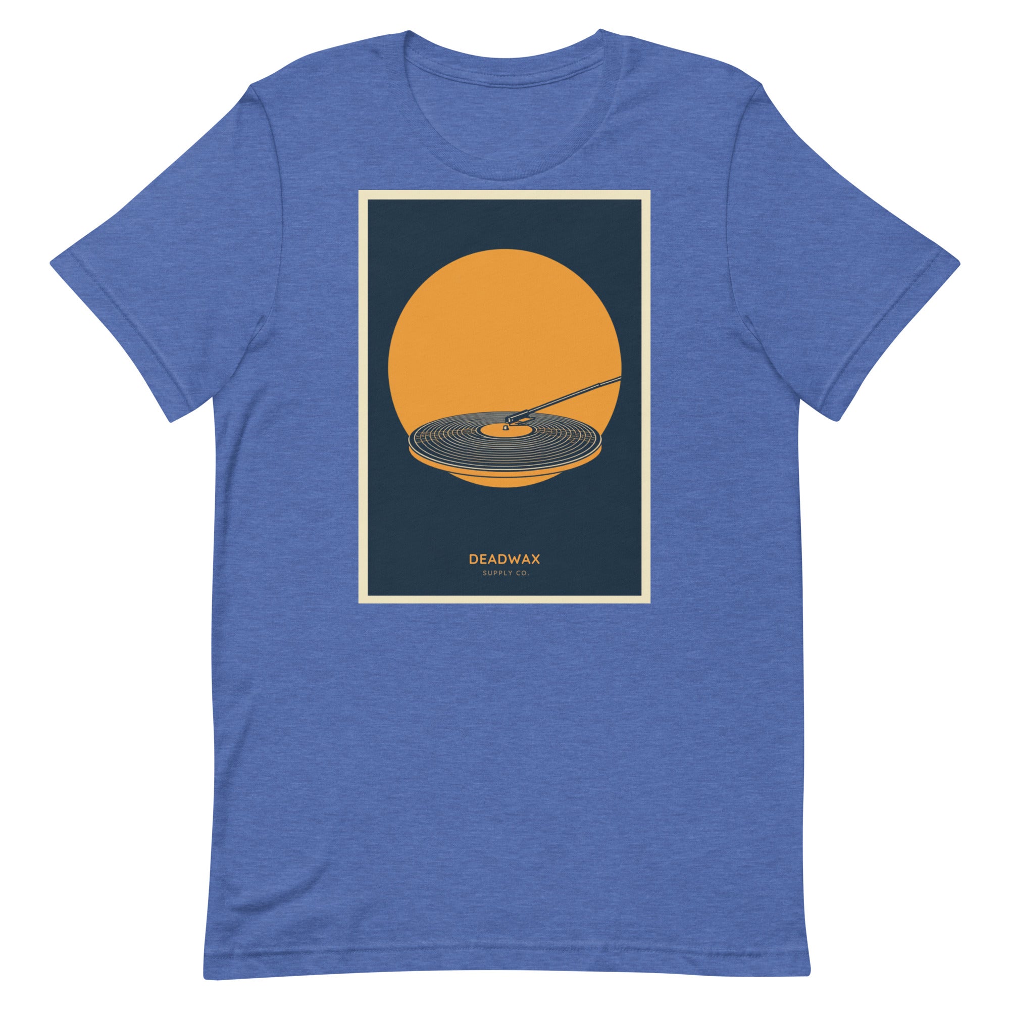 Deadwax Tonearm Tee in heather true royal – vinyl record collector t-shirt with tonearm and record logo