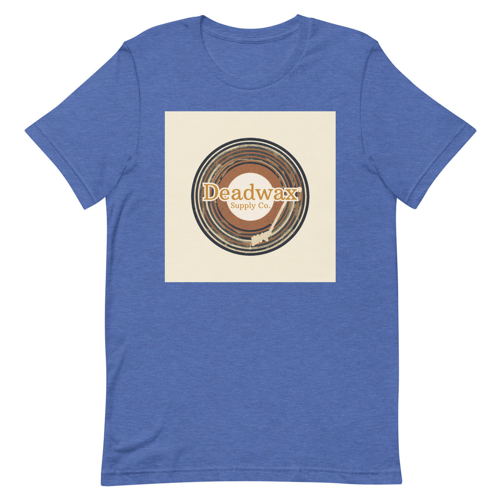 Deadwax Tonearm Tee in heather true royal – vinyl record collector t-shirt with tonearm and record logo