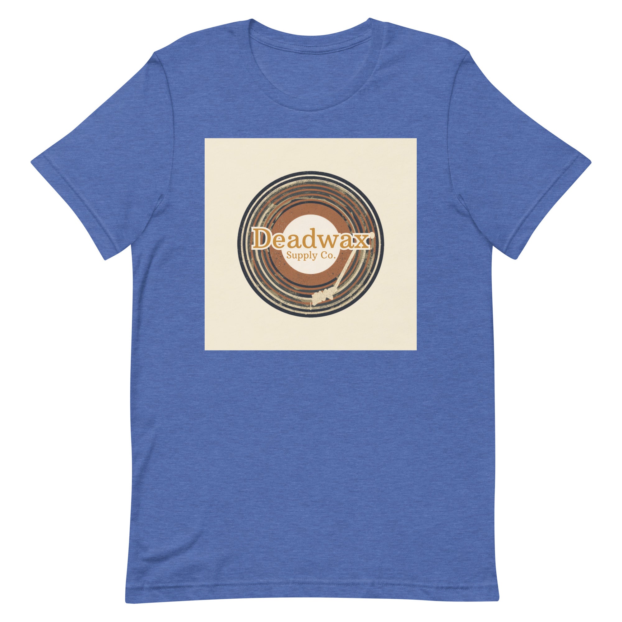 Deadwax Tonearm Tee in heather true royal – vinyl record collector t-shirt with tonearm and record logo