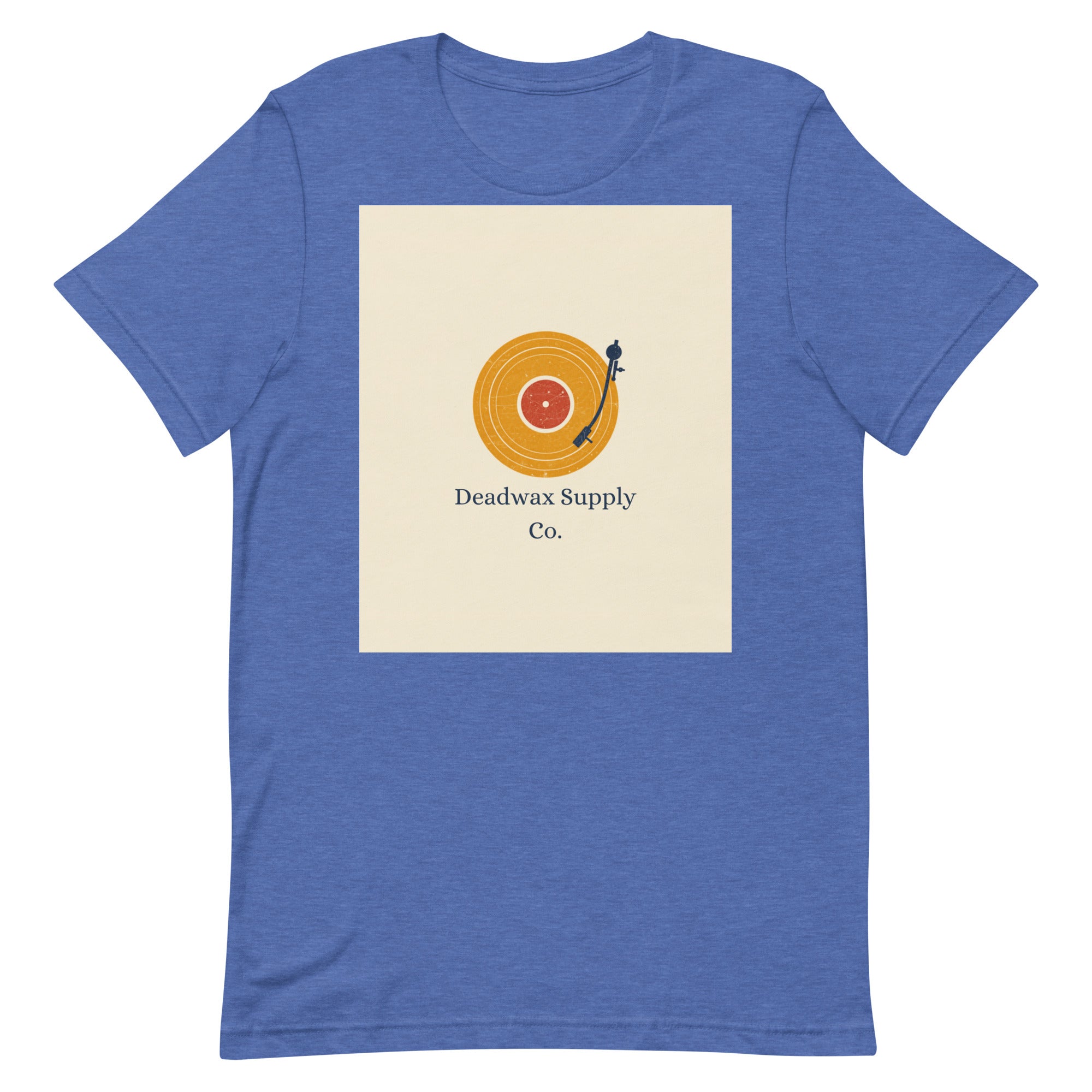 Deadwax Tonearm Tee in heather true royal – vinyl record collector t-shirt with tonearm and record logo