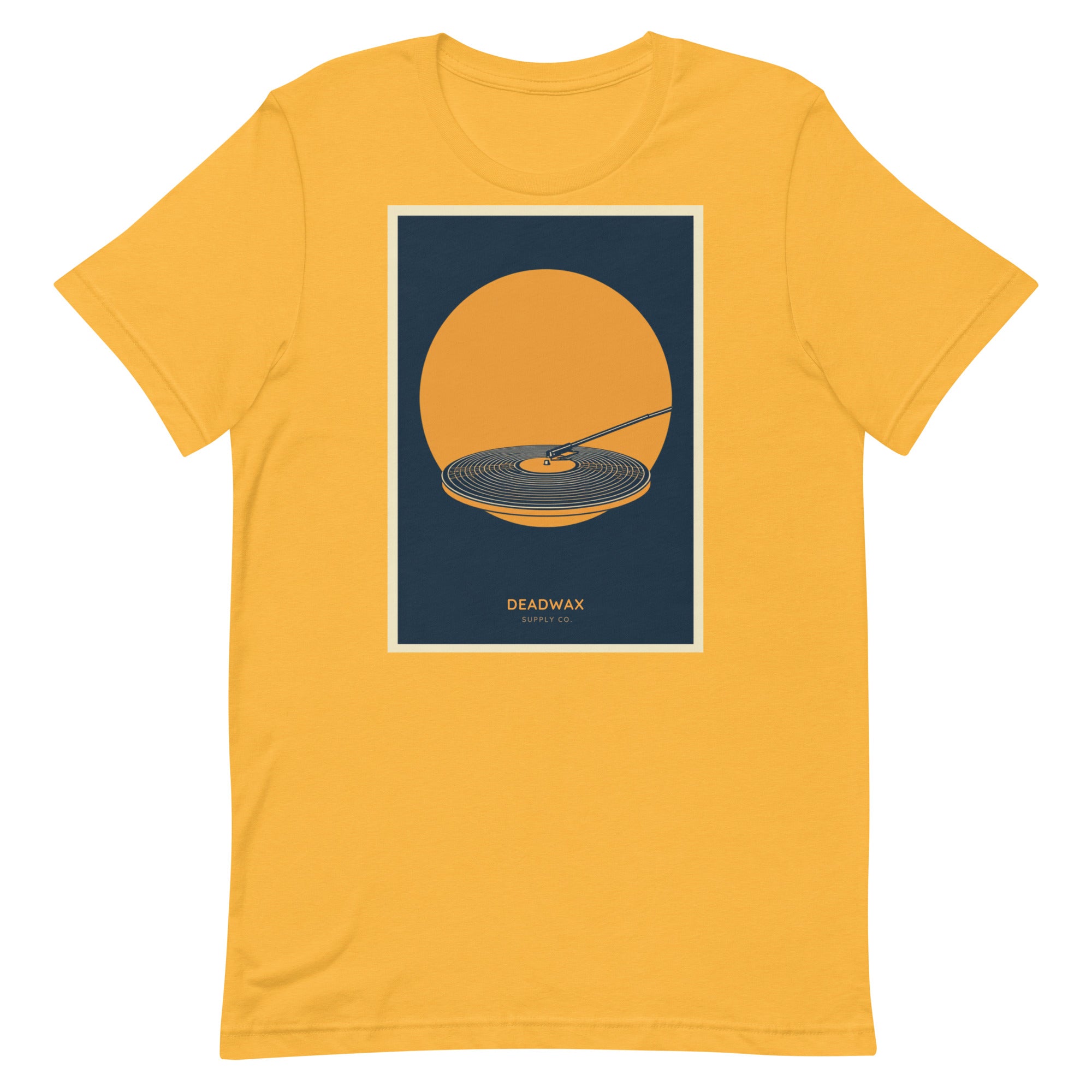 Deadwax Tonearm Tee in heather yellow gold – vinyl record collector t-shirt with tonearm and record logo