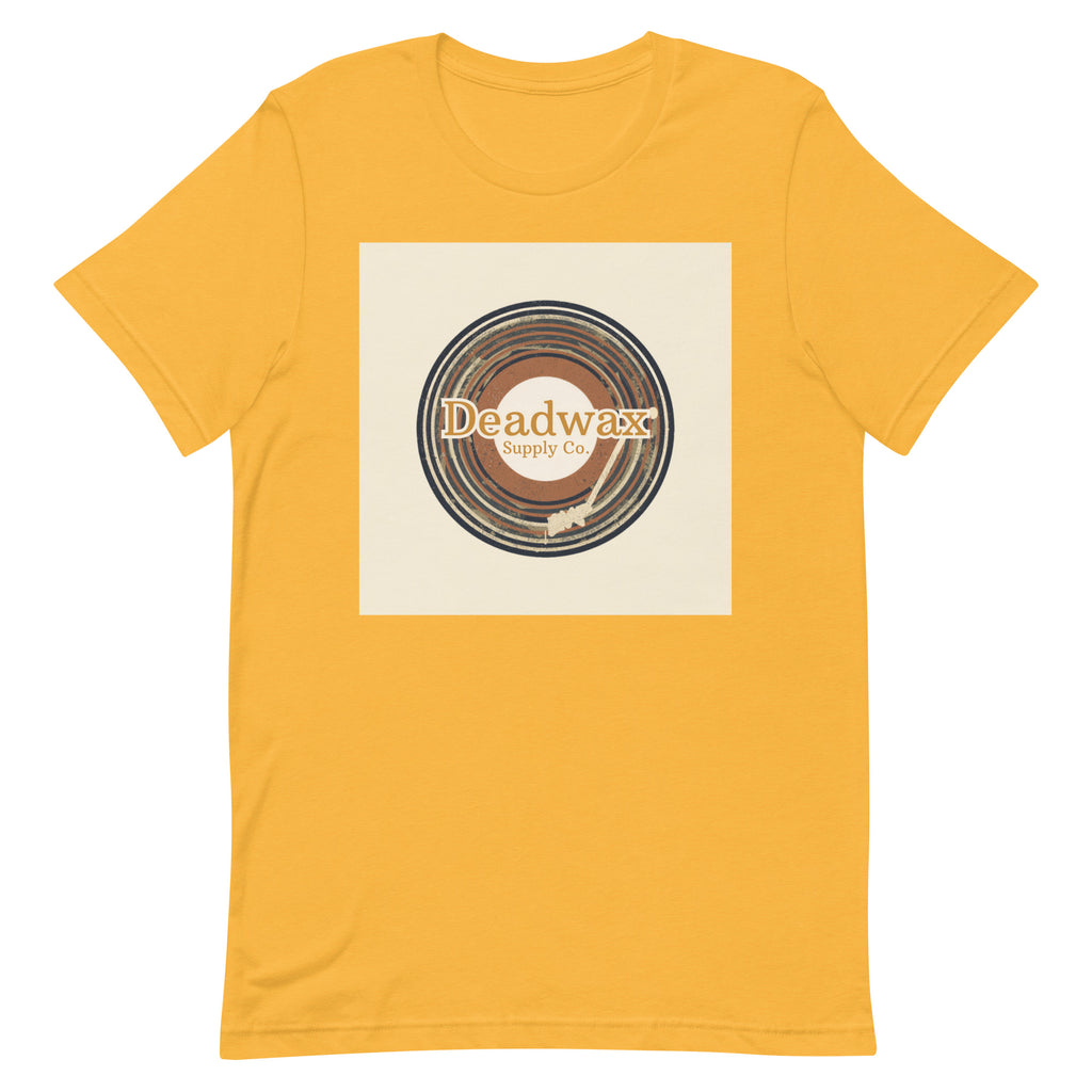 Deadwax Tonearm Tee in heather yellow gold – vinyl record collector t-shirt with tonearm and record logo
