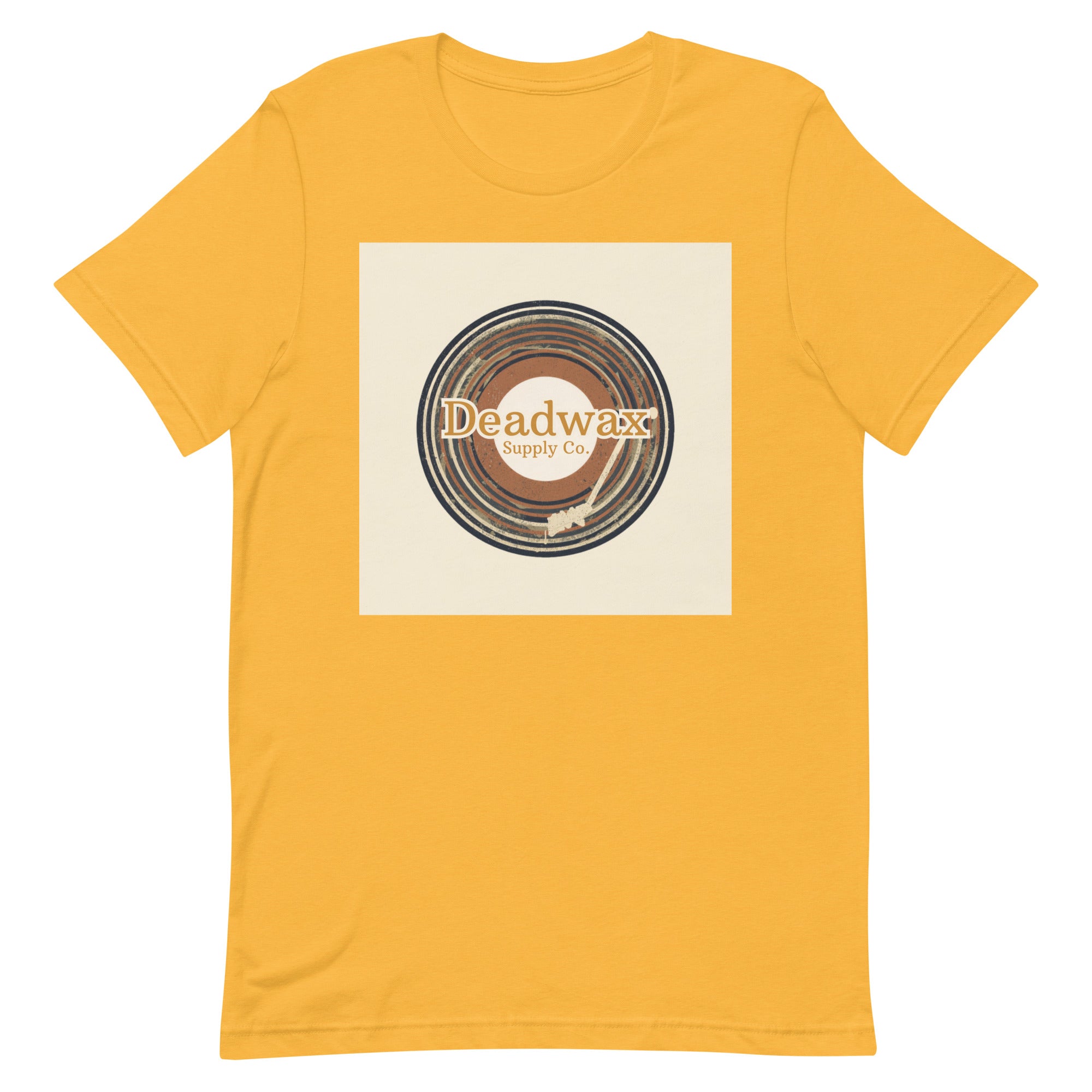 Deadwax Tonearm Tee in heather yellow gold – vinyl record collector t-shirt with tonearm and record logo