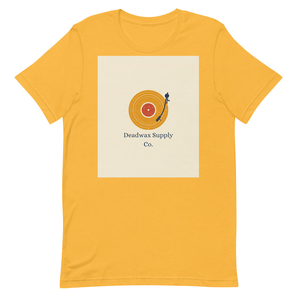 Deadwax Tonearm Tee in heather yellow gold – vinyl record collector t-shirt with tonearm and record logo
