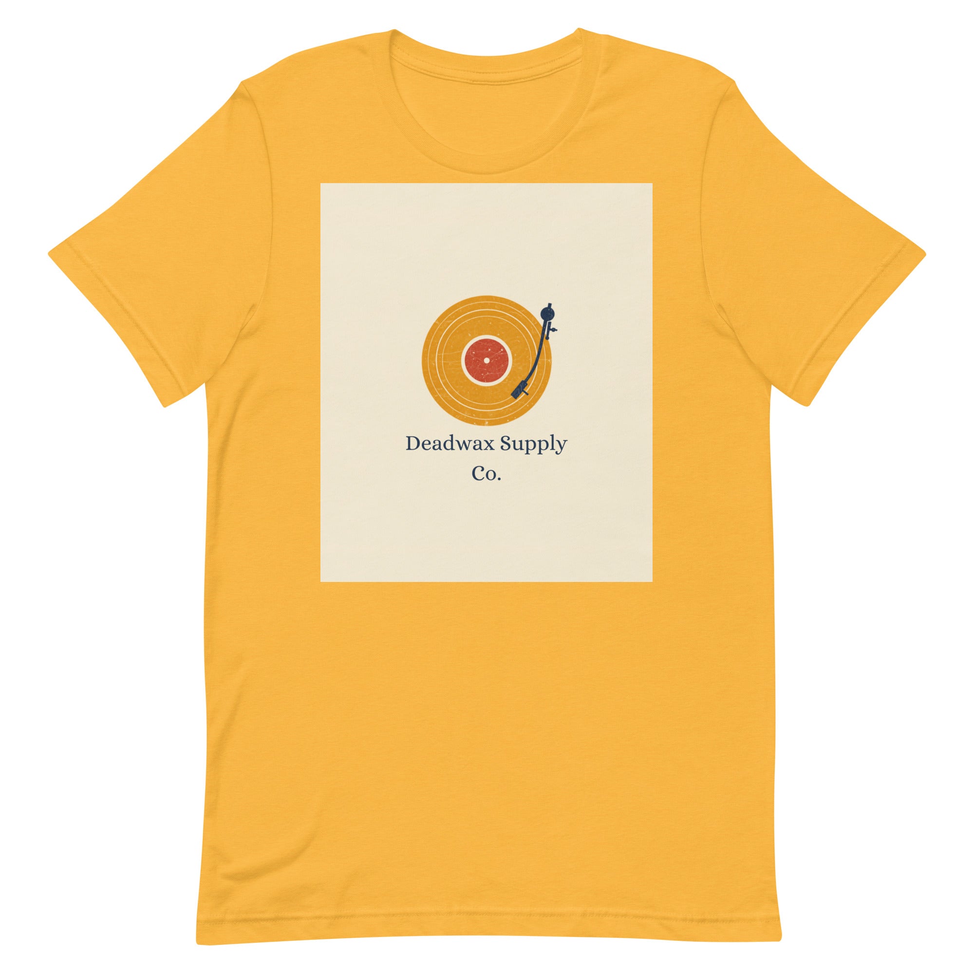 Deadwax Tonearm Tee in heather yellow gold – vinyl record collector t-shirt with tonearm and record logo
