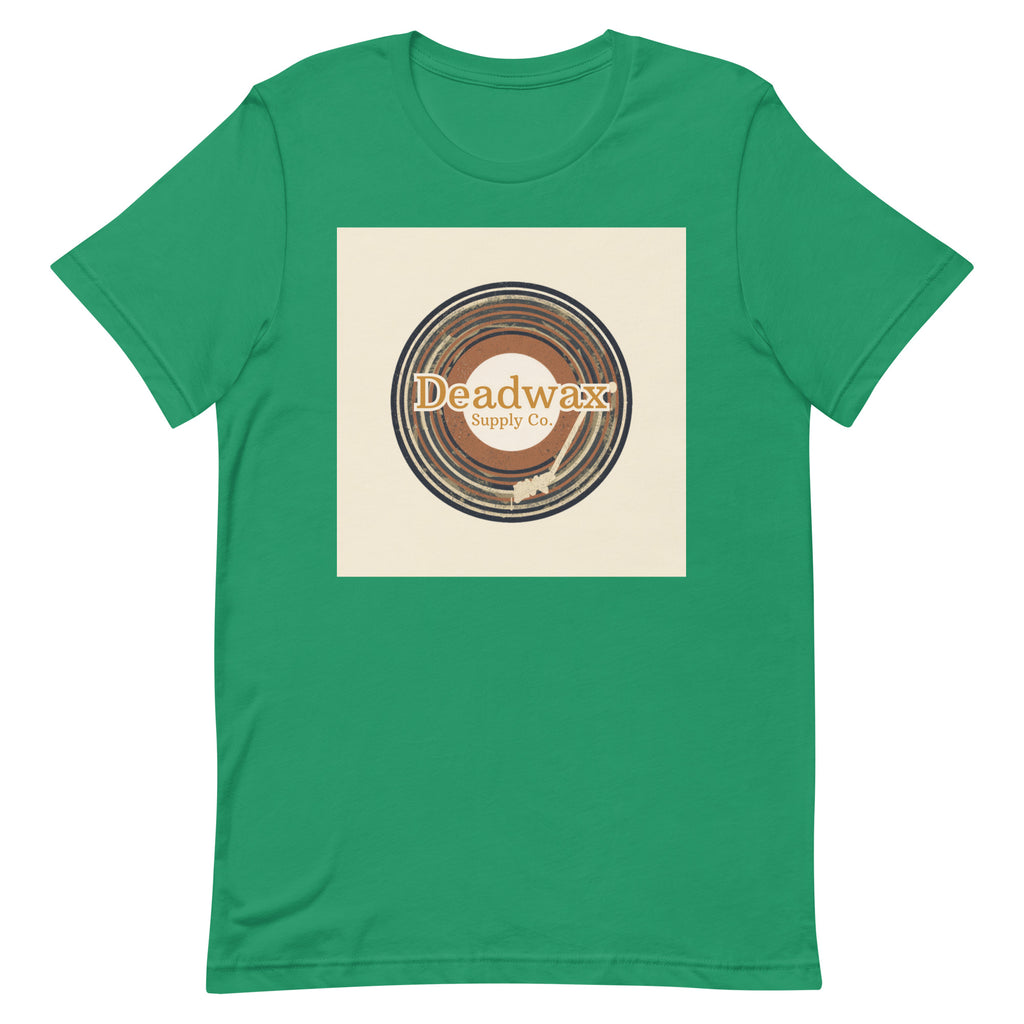 Deadwax Tonearm Tee in kelly – vinyl record collector t-shirt with tonearm and record logo