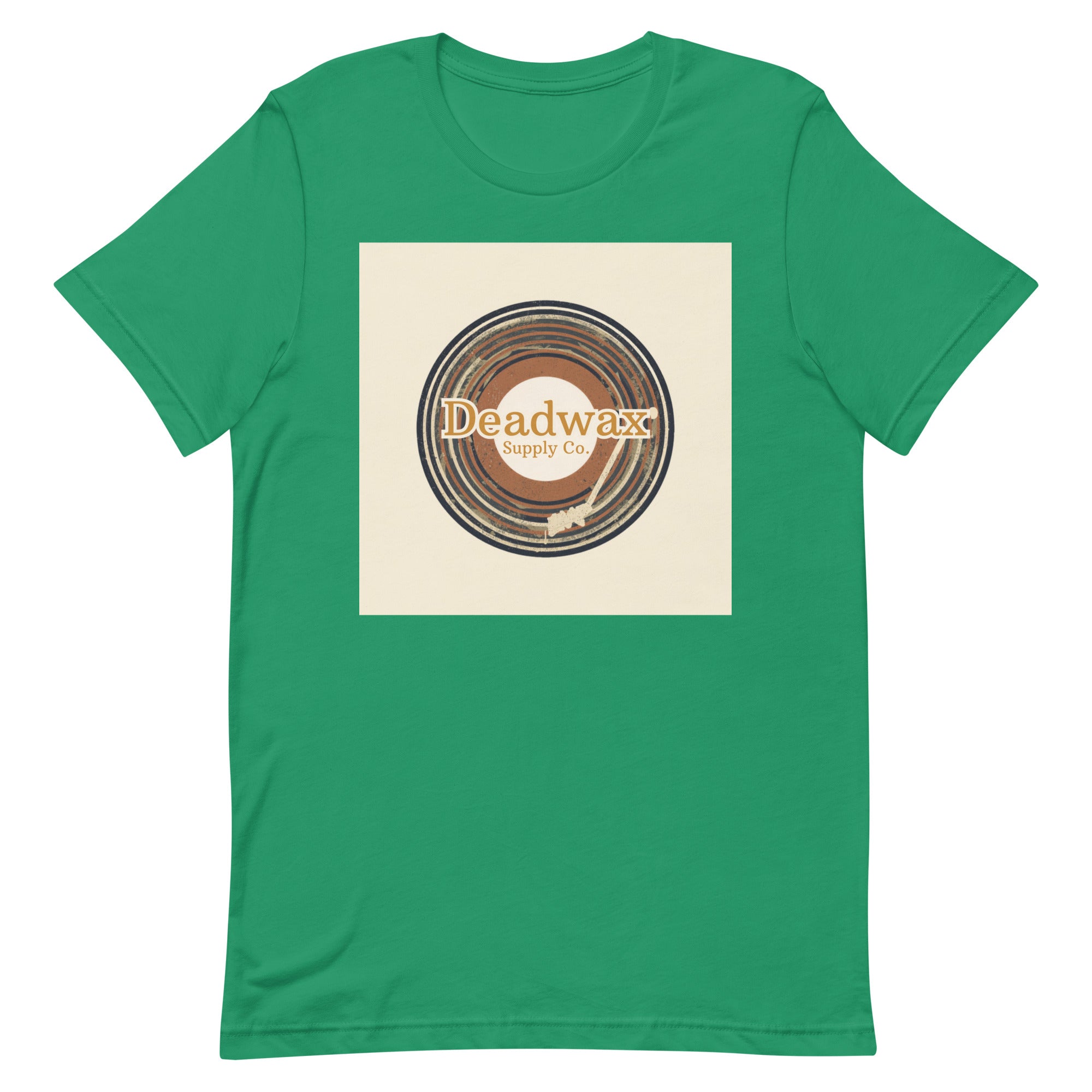 Deadwax Tonearm Tee in kelly – vinyl record collector t-shirt with tonearm and record logo