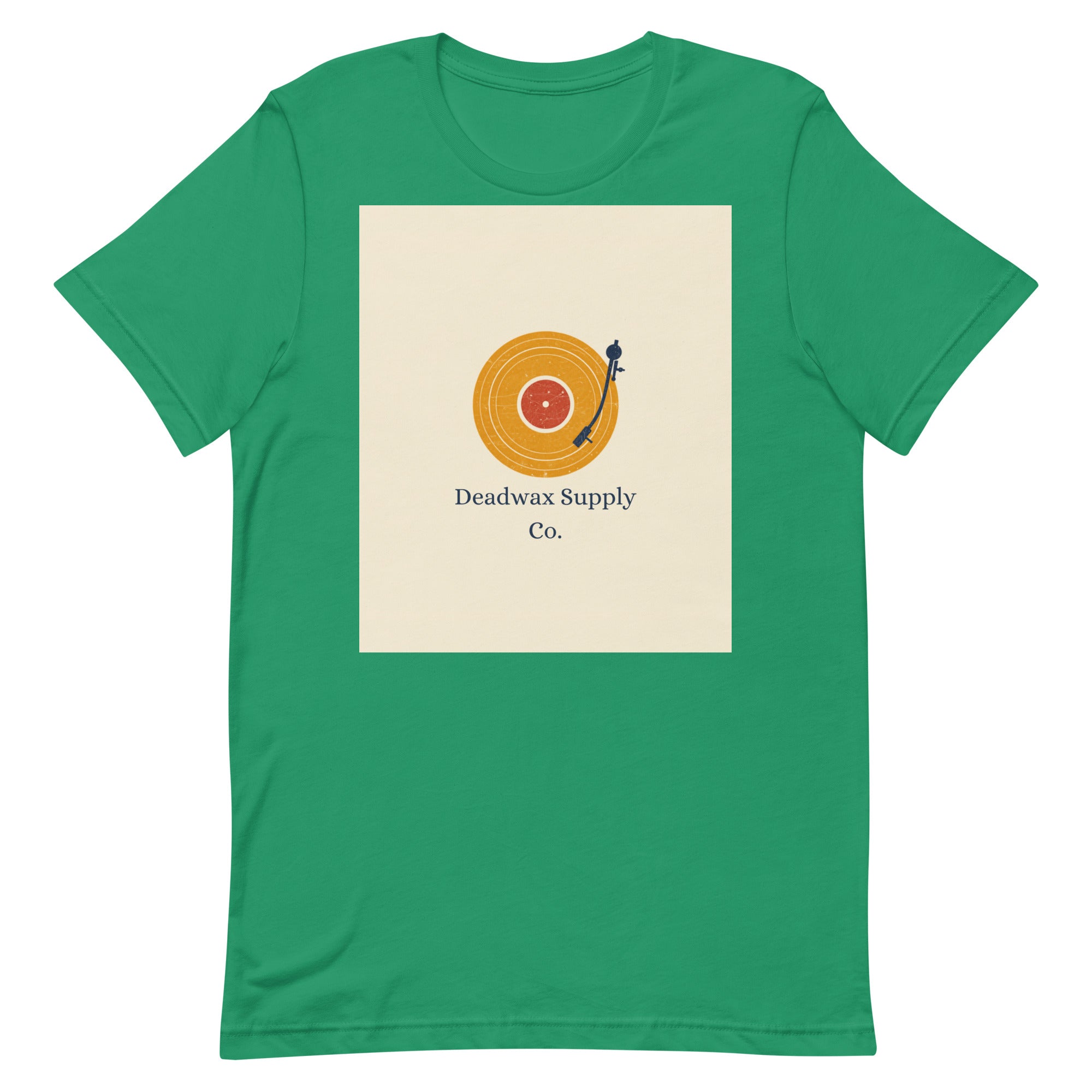 Deadwax Tonearm Tee in kelly – vinyl record collector t-shirt with tonearm and record logo