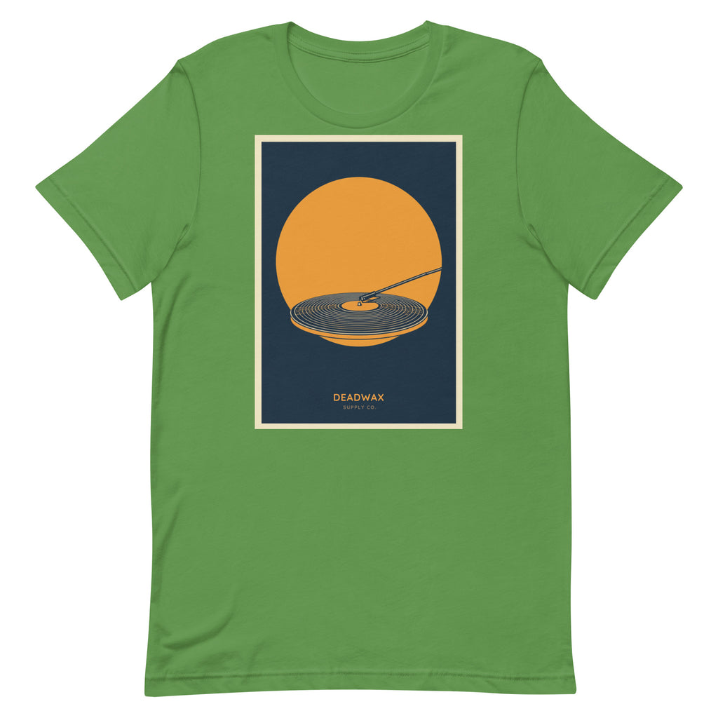 Deadwax Tonearm Tee in leaf – vinyl record collector t-shirt with tonearm and record logo