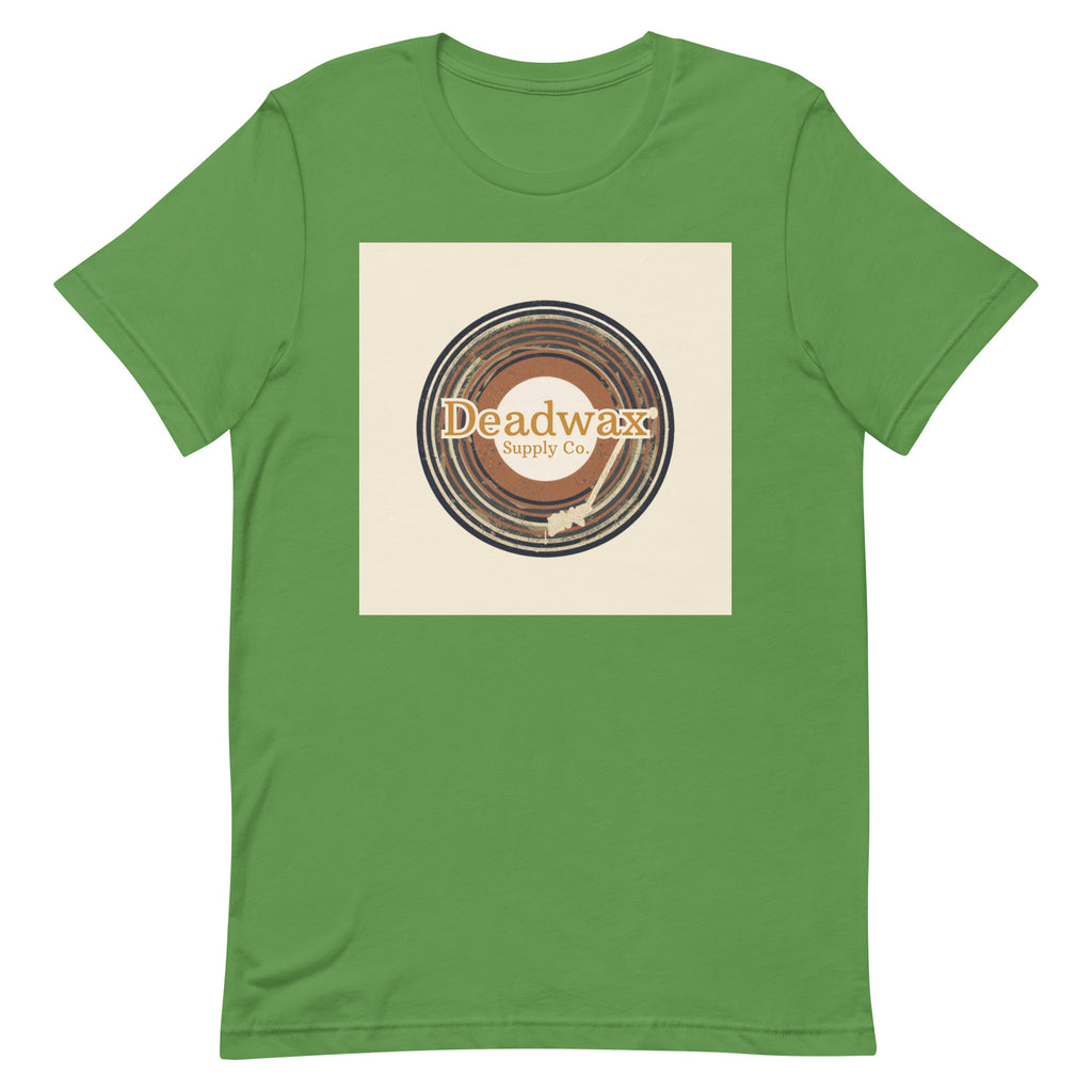 Deadwax Tonearm Tee in leaf – vinyl record collector t-shirt with tonearm and record logo