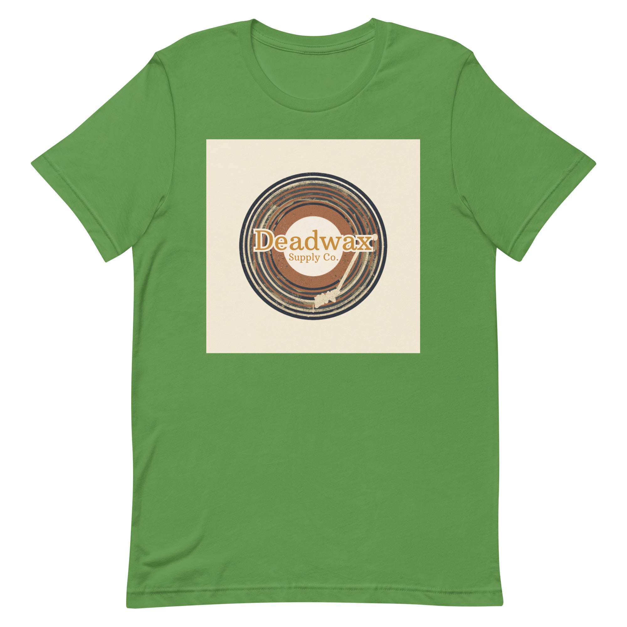 Deadwax Tonearm Tee in leaf – vinyl record collector t-shirt with tonearm and record logo