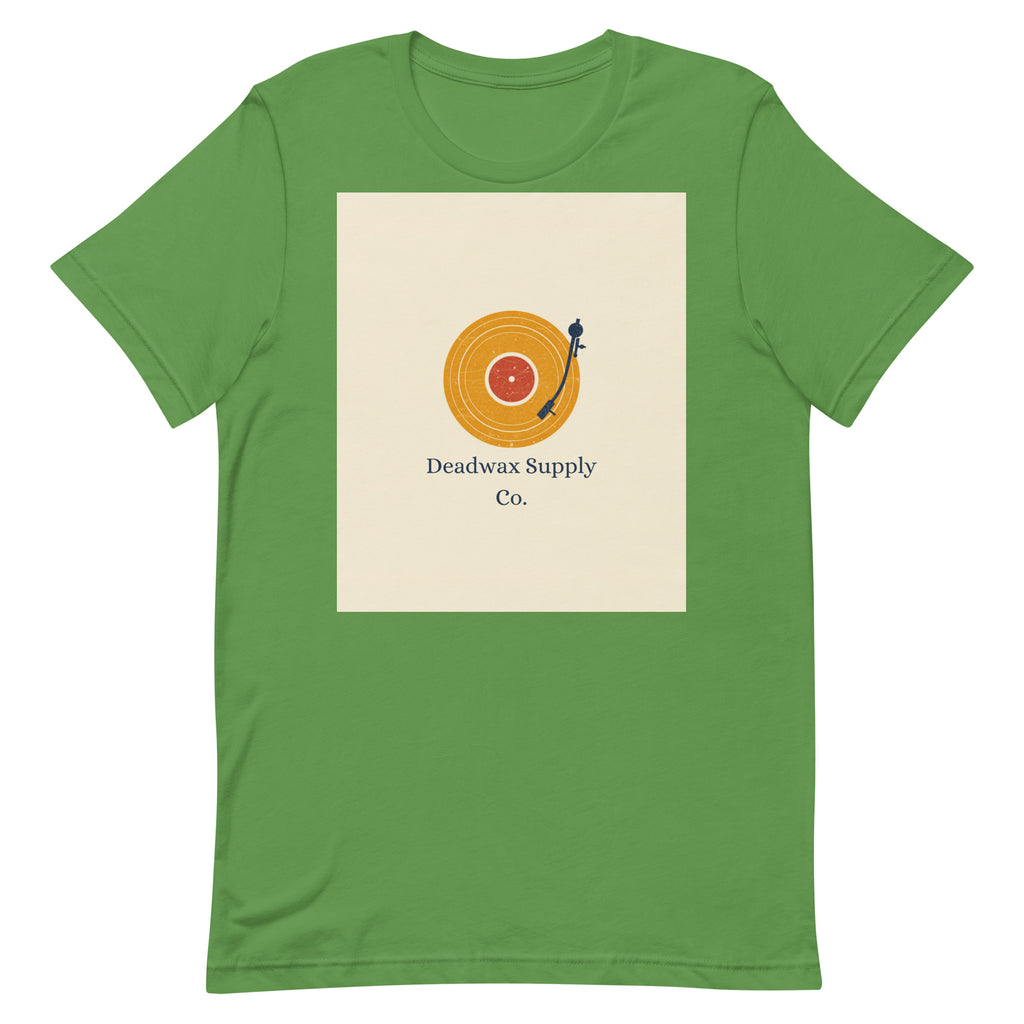 Deadwax Tonearm Tee in leaf – vinyl record collector t-shirt with tonearm and record logo
