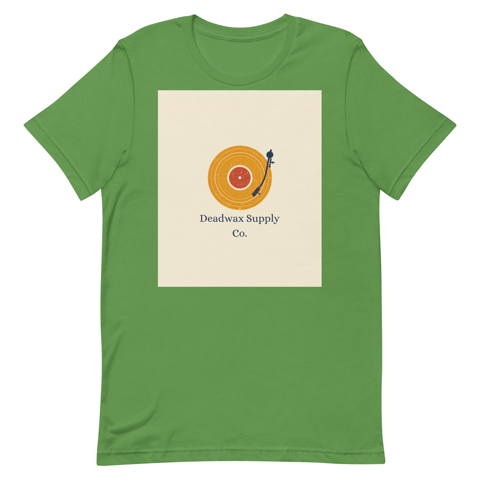Deadwax Tonearm Tee in leaf – vinyl record collector t-shirt with tonearm and record logo