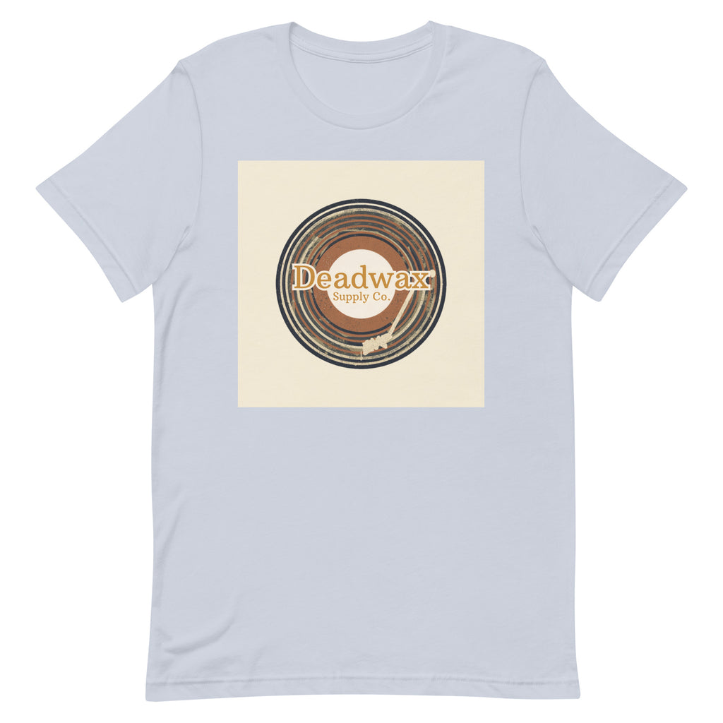 Deadwax Tonearm Tee in light blue – vinyl record collector t-shirt with tonearm and record logo