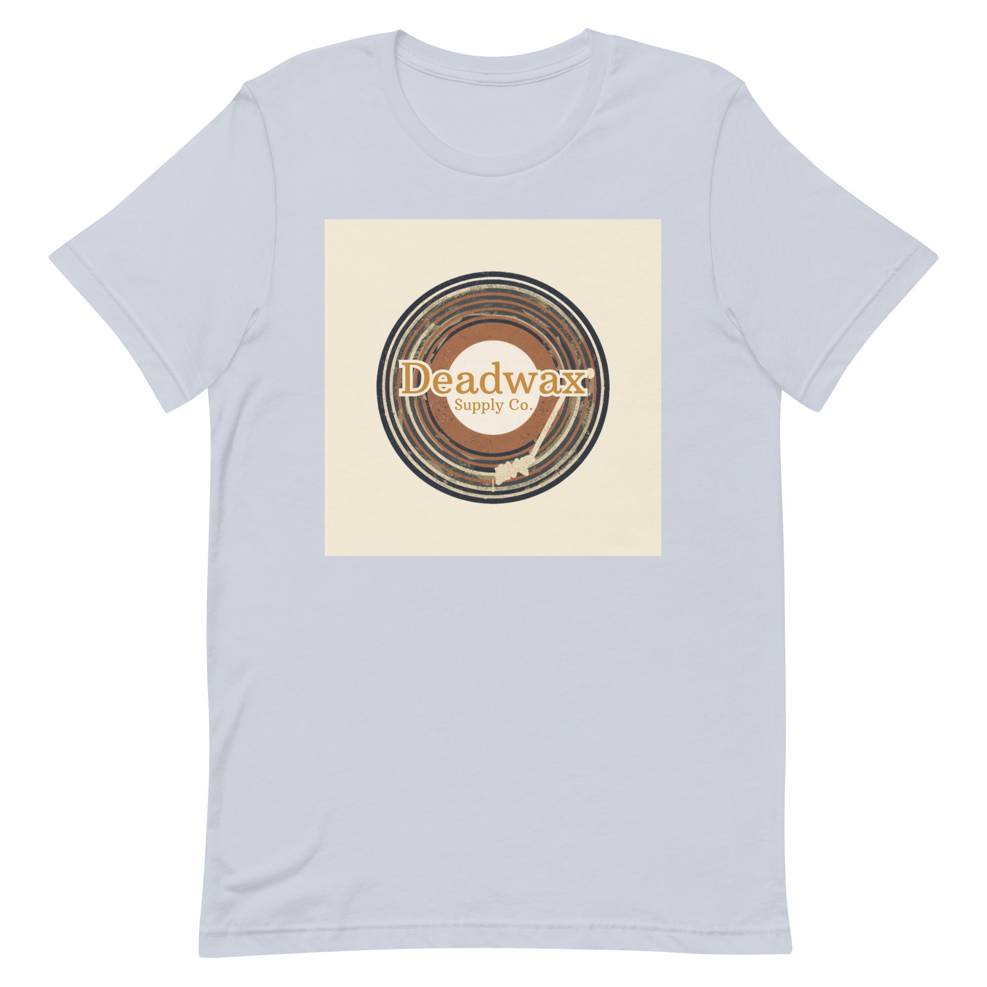 Deadwax Tonearm Tee in light blue – vinyl record collector t-shirt with tonearm and record logo