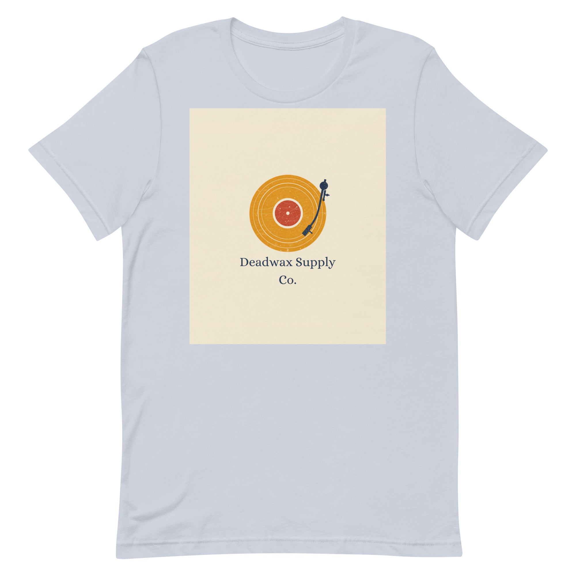 Deadwax Tonearm Tee in light blue – vinyl record collector t-shirt with tonearm and record logo