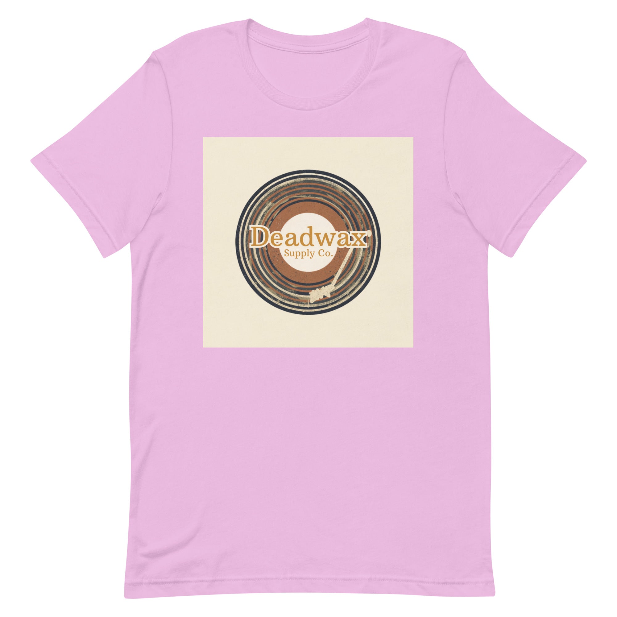 Deadwax Tonearm Tee in lilac – vinyl record collector t-shirt with tonearm and record logo