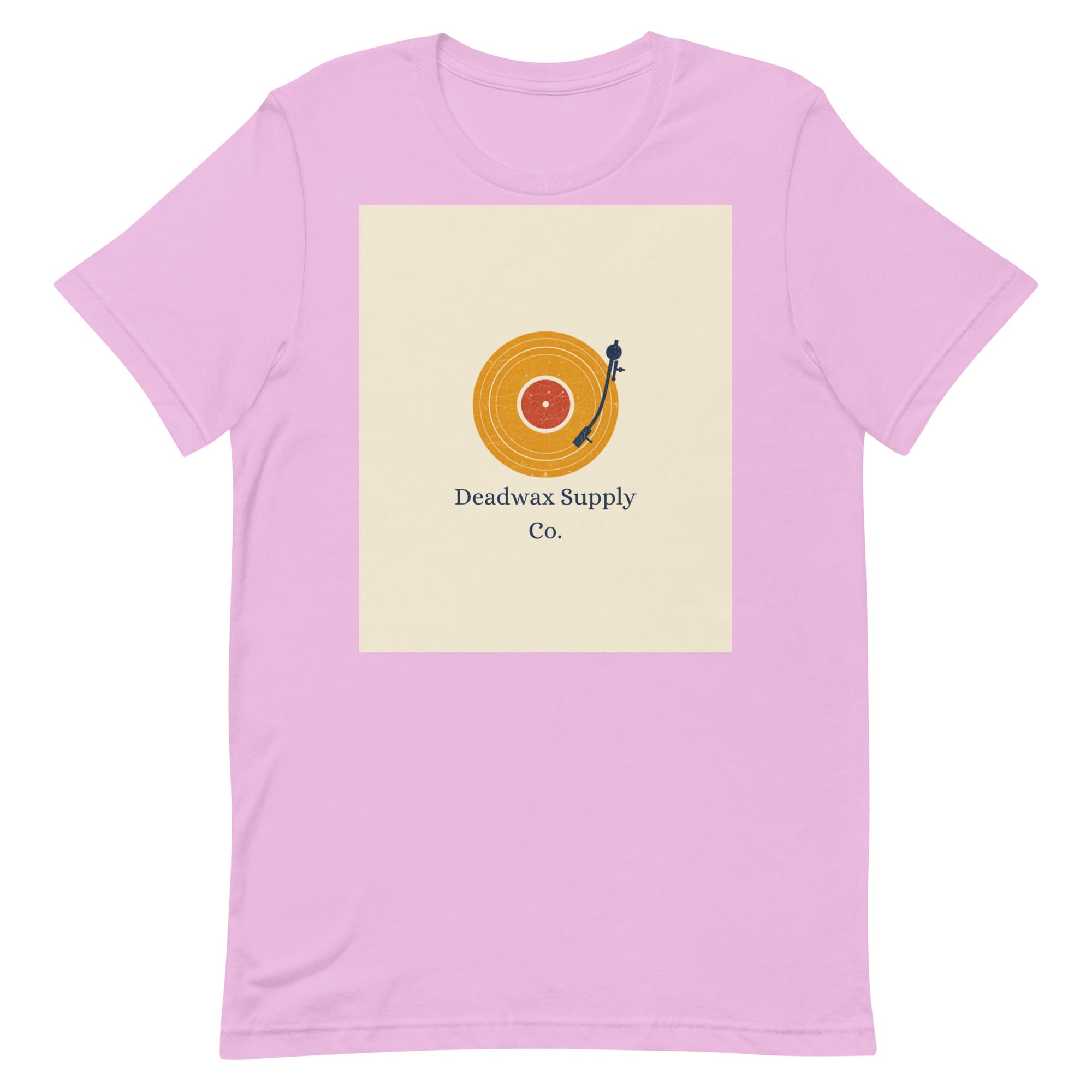 Deadwax Tonearm Tee in lilac – vinyl record collector t-shirt with tonearm and record logo