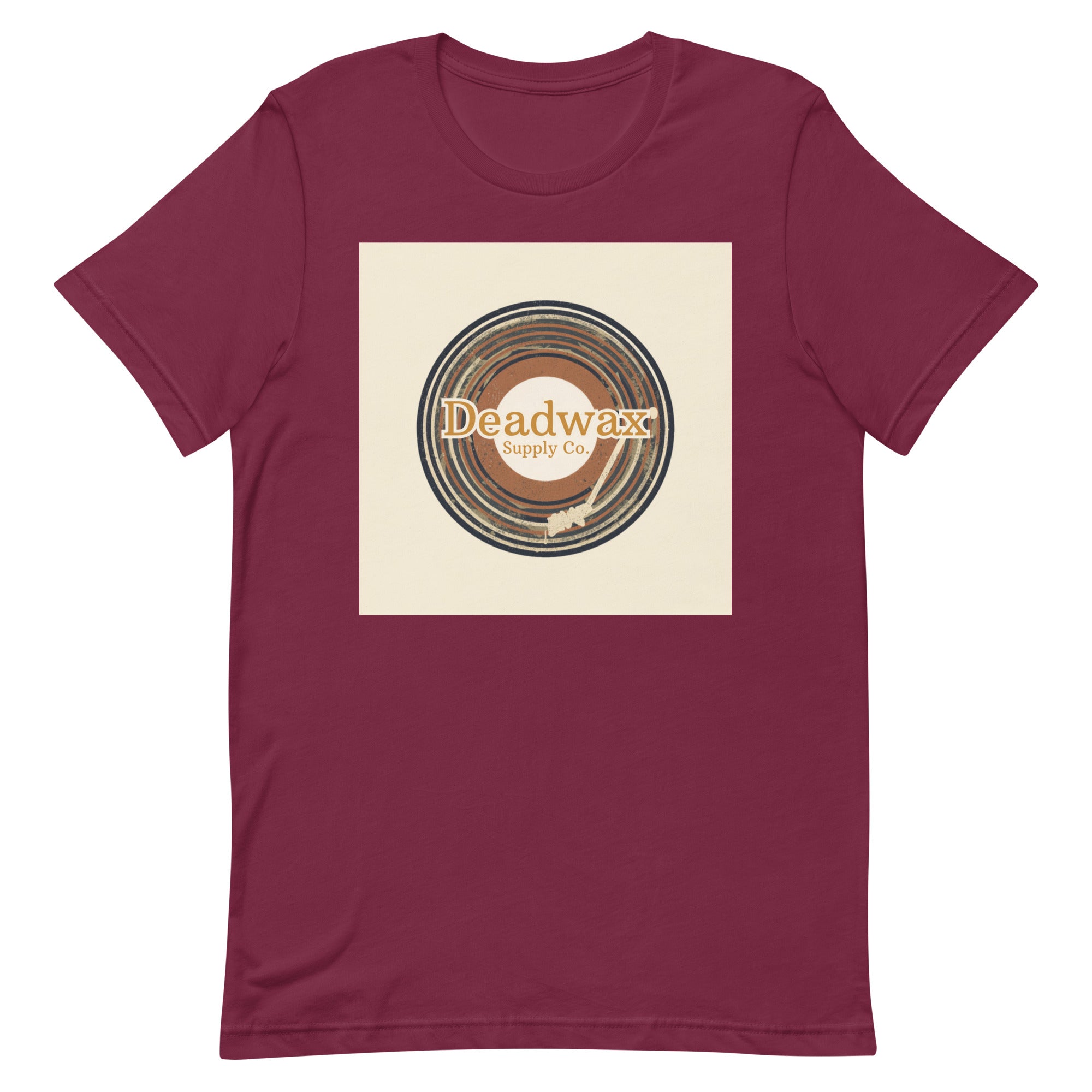 Deadwax Tonearm Tee in maroon – vinyl record collector t-shirt with tonearm and record logo
