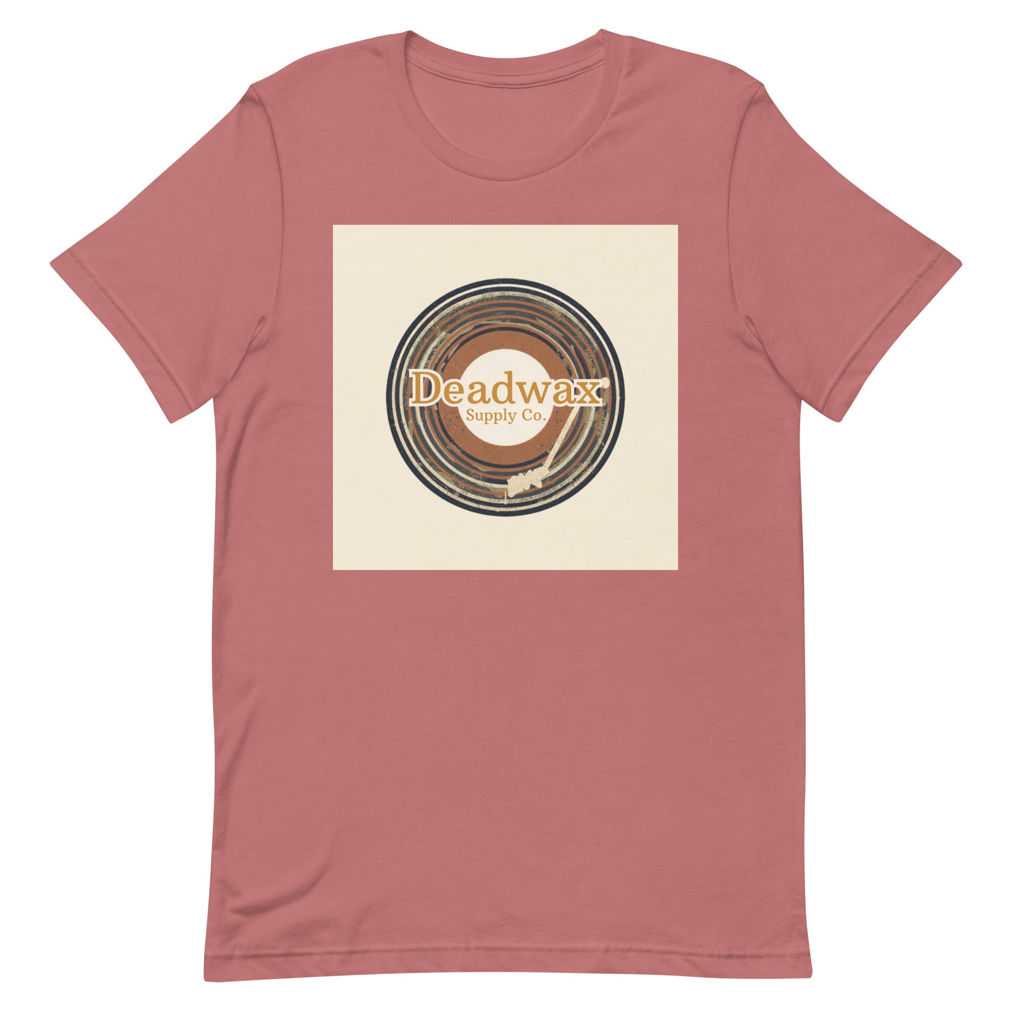 Deadwax Tonearm Tee in mauve – vinyl record collector t-shirt with tonearm and record logo