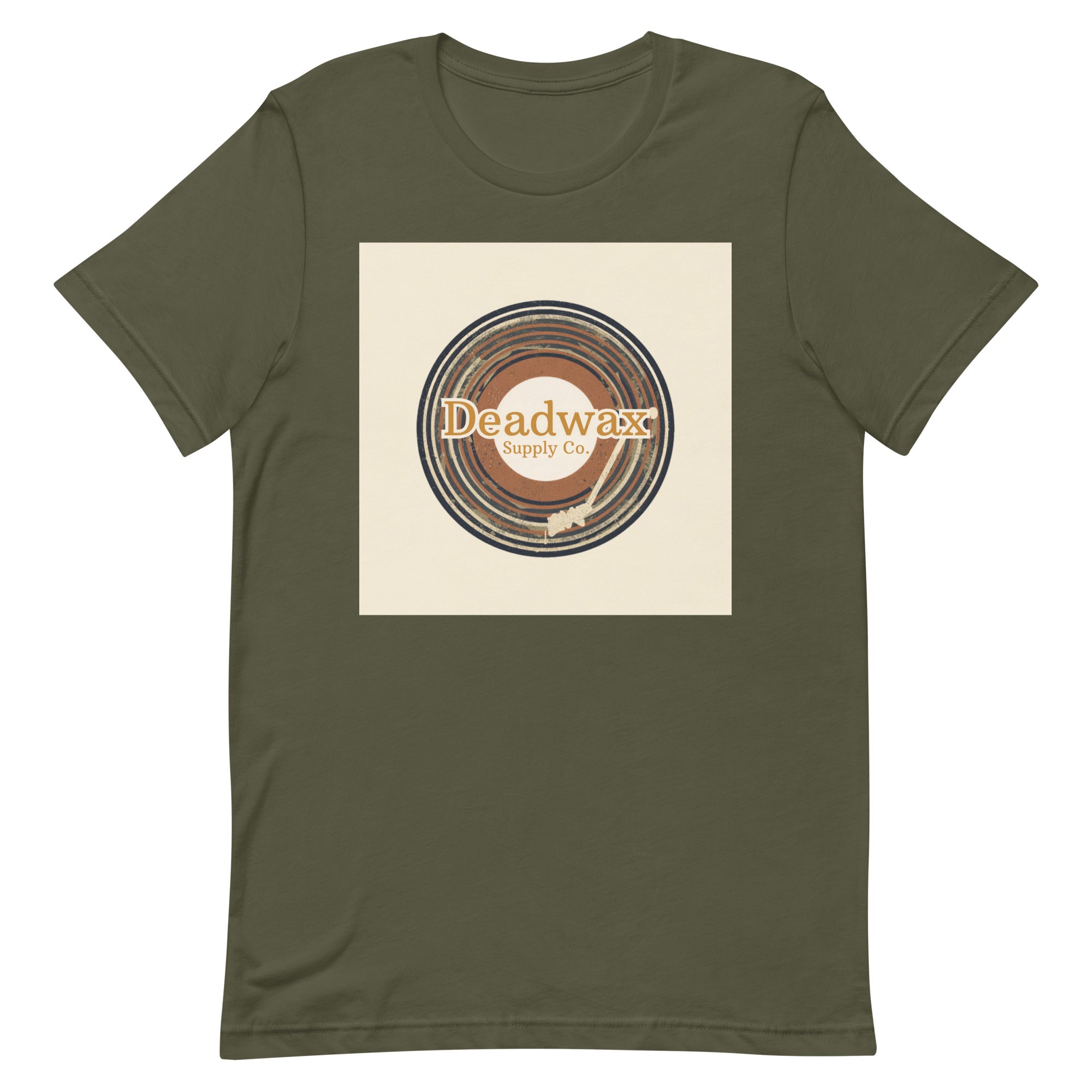 Deadwax Tonearm Tee in military green – vinyl record collector t-shirt with tonearm and record logo
