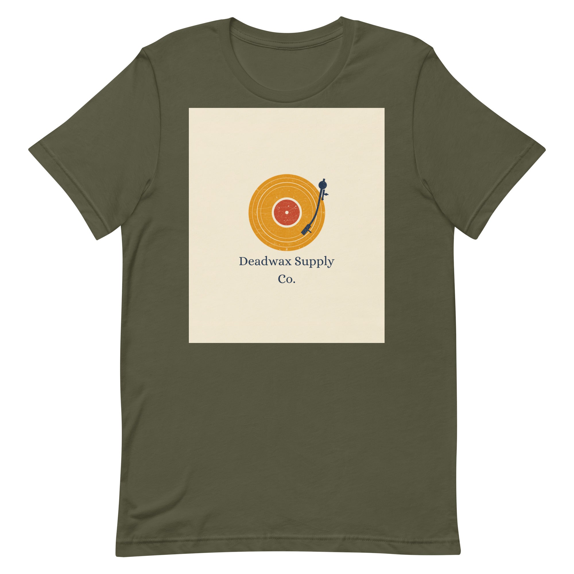 Deadwax Tonearm Tee in military green – vinyl record collector t-shirt with tonearm and record logo