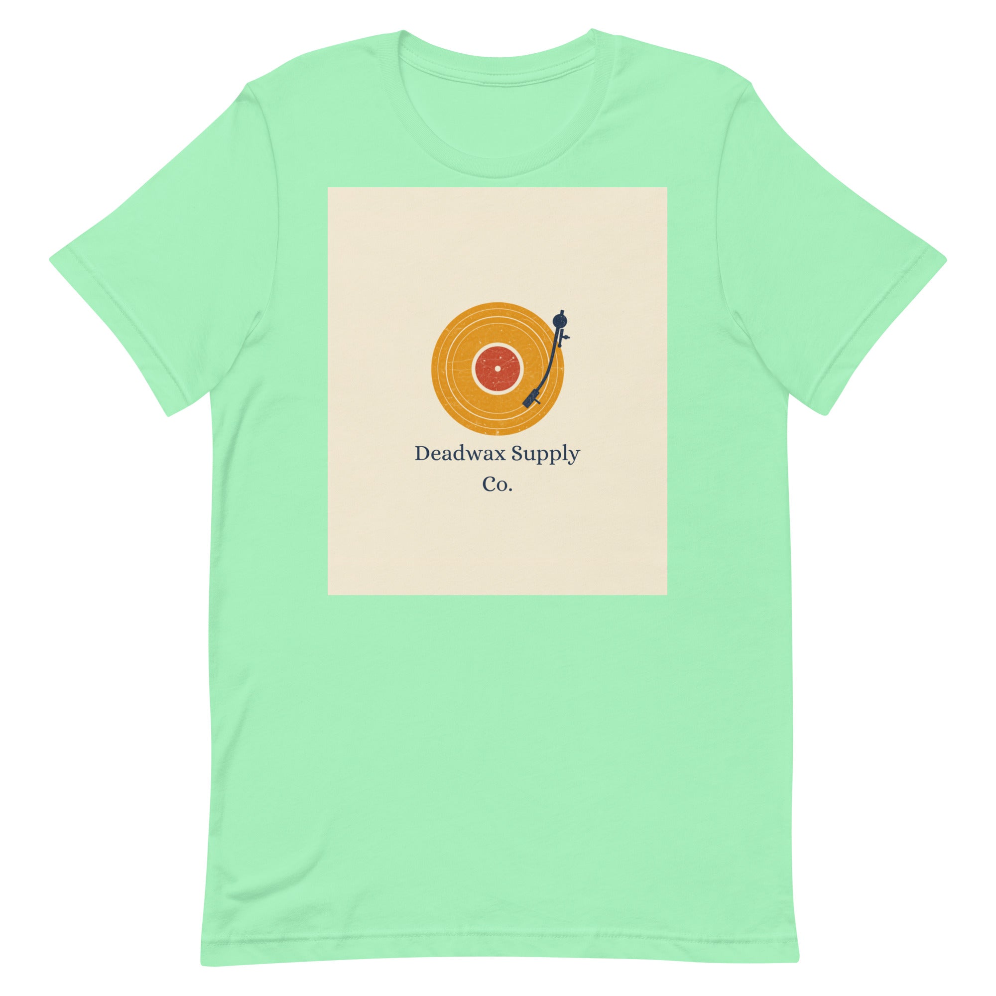 Deadwax Tonearm Tee in mint – vinyl record collector t-shirt with tonearm and record logo