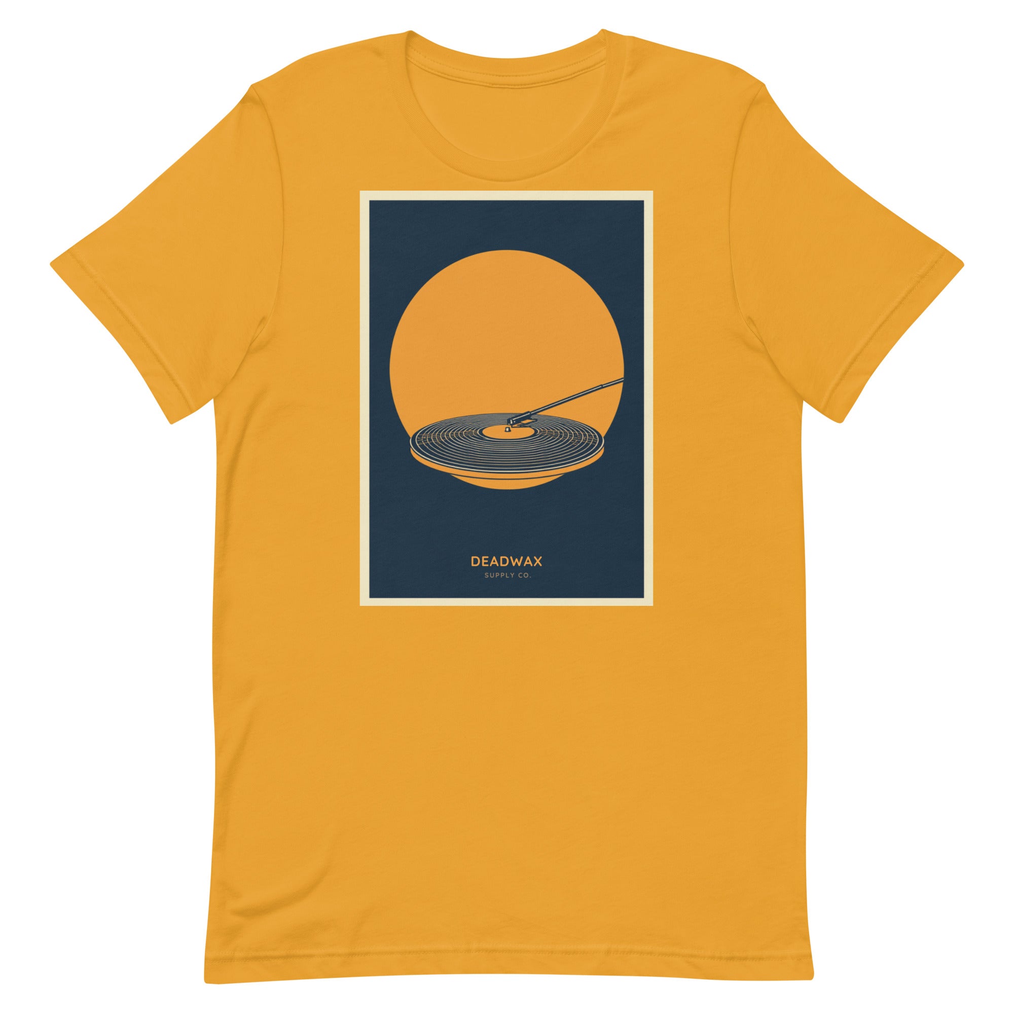 Deadwax Tonearm Tee in mustard – vinyl record collector t-shirt with tonearm and record logo