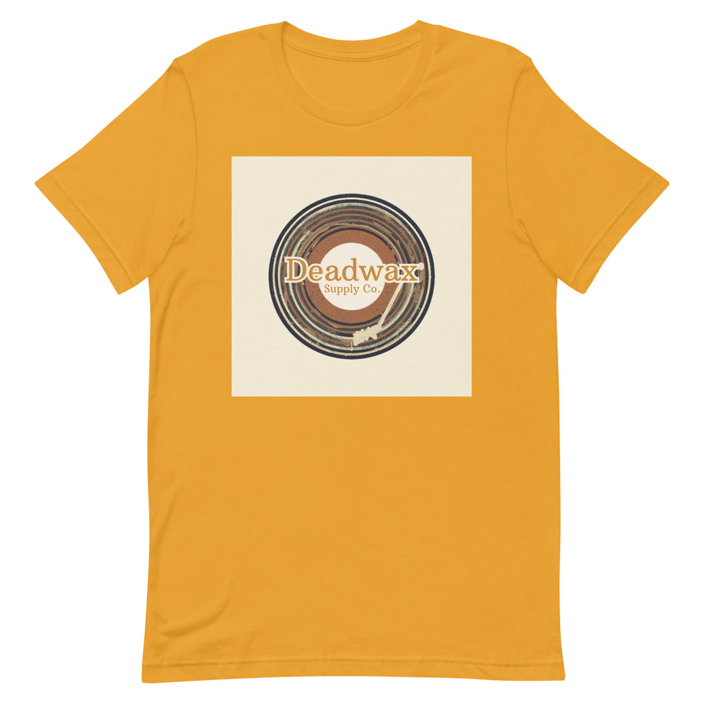 Deadwax Tonearm Tee in mustard – vinyl record collector t-shirt with tonearm and record logo