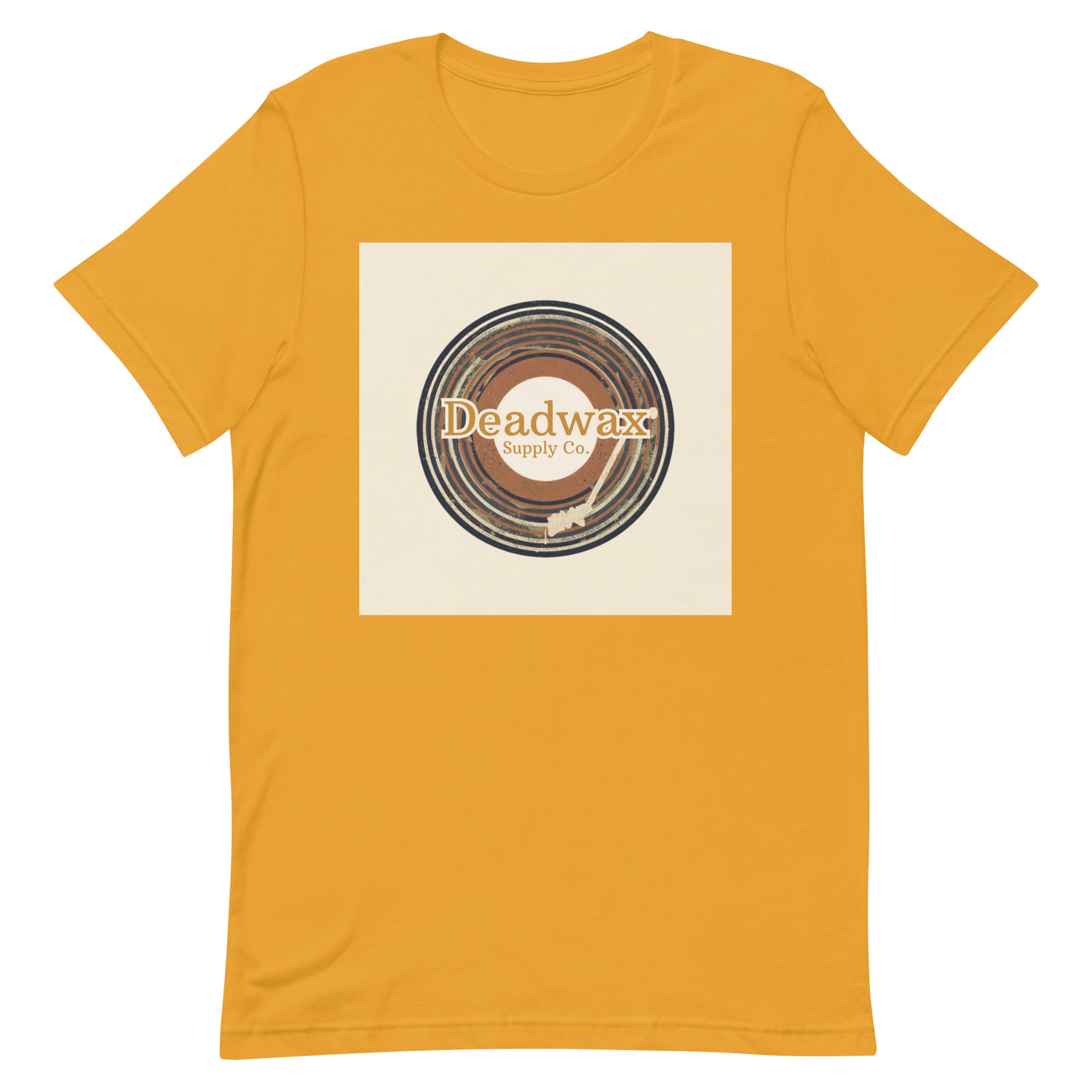 Deadwax Tonearm Tee in mustard – vinyl record collector t-shirt with tonearm and record logo