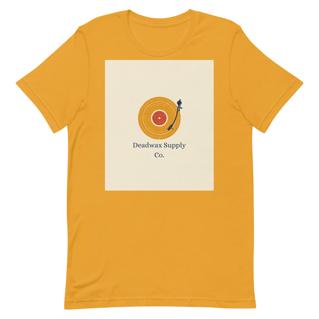 Deadwax Tonearm Tee in mustard – vinyl record collector t-shirt with tonearm and record logo