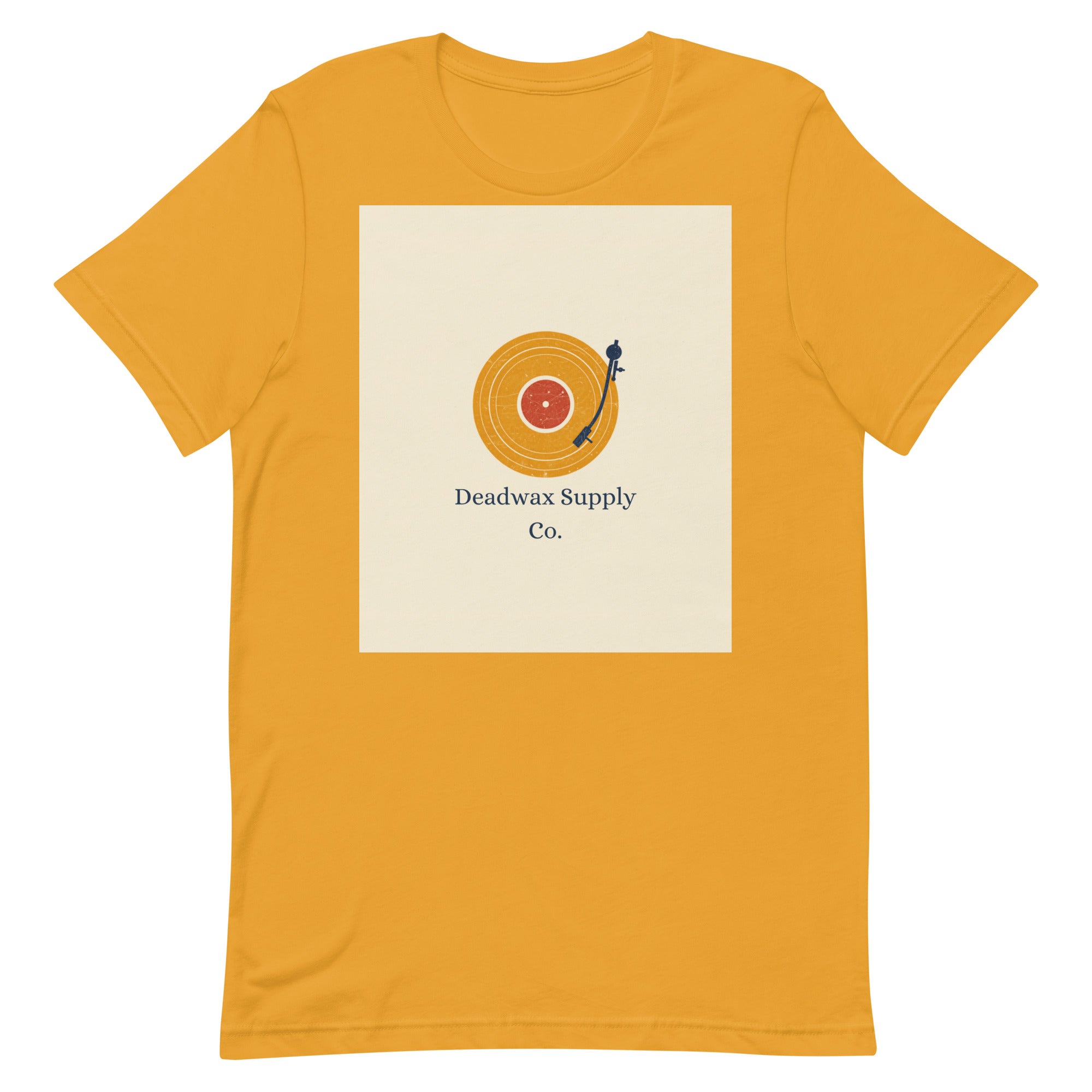 Deadwax Tonearm Tee in mustard – vinyl record collector t-shirt with tonearm and record logo