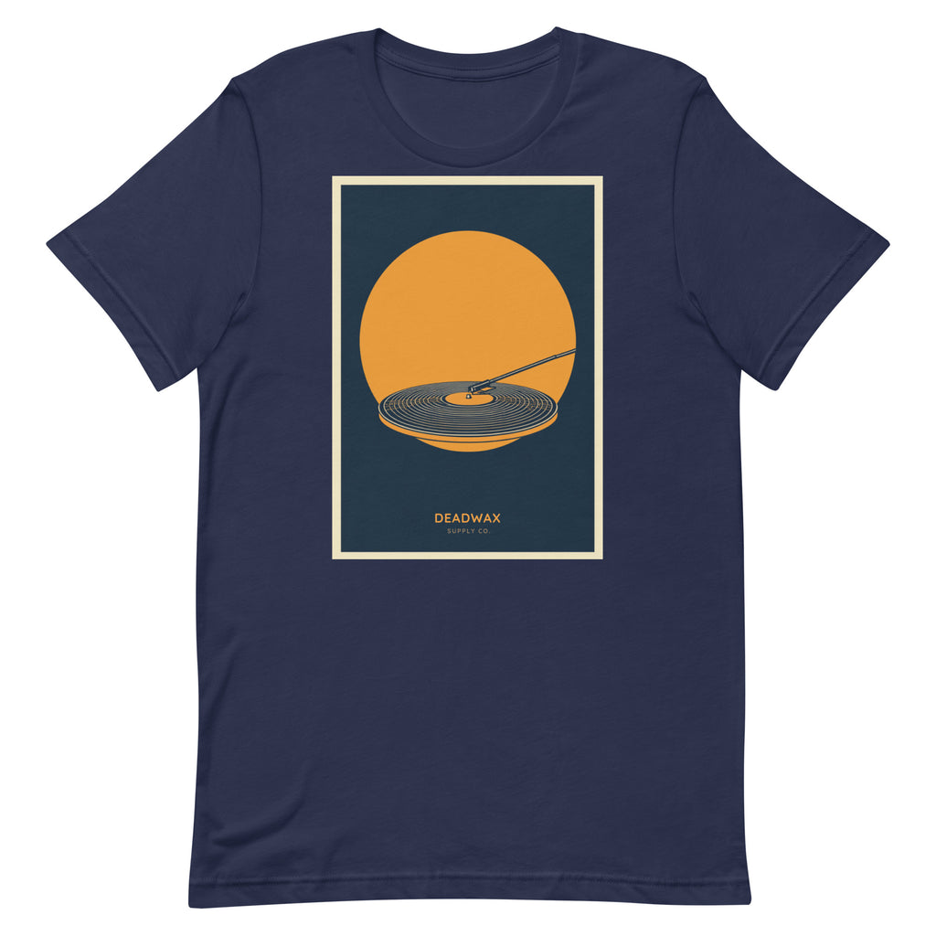 Deadwax Tonearm Tee in navy – vinyl record collector t-shirt with tonearm and record logo