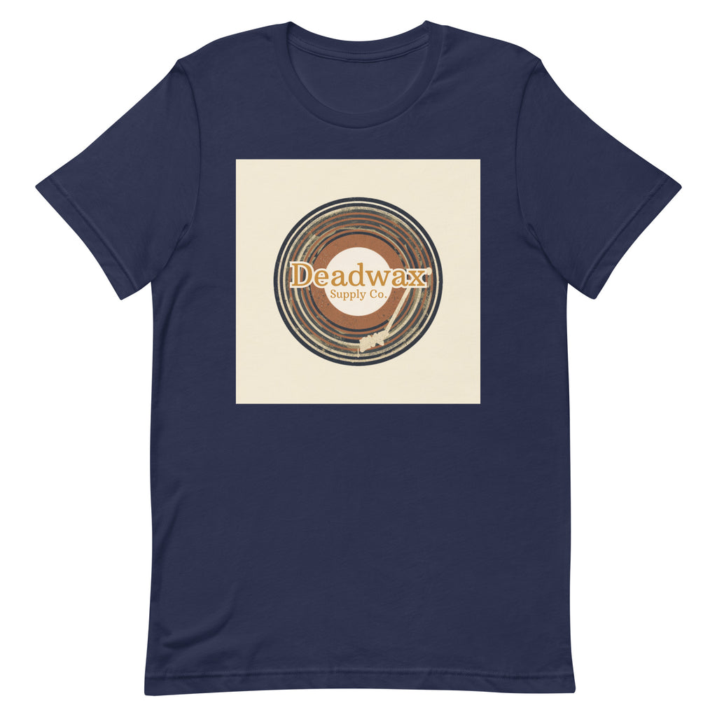 Deadwax Tonearm Tee in navy – vinyl record collector t-shirt with tonearm and record logo