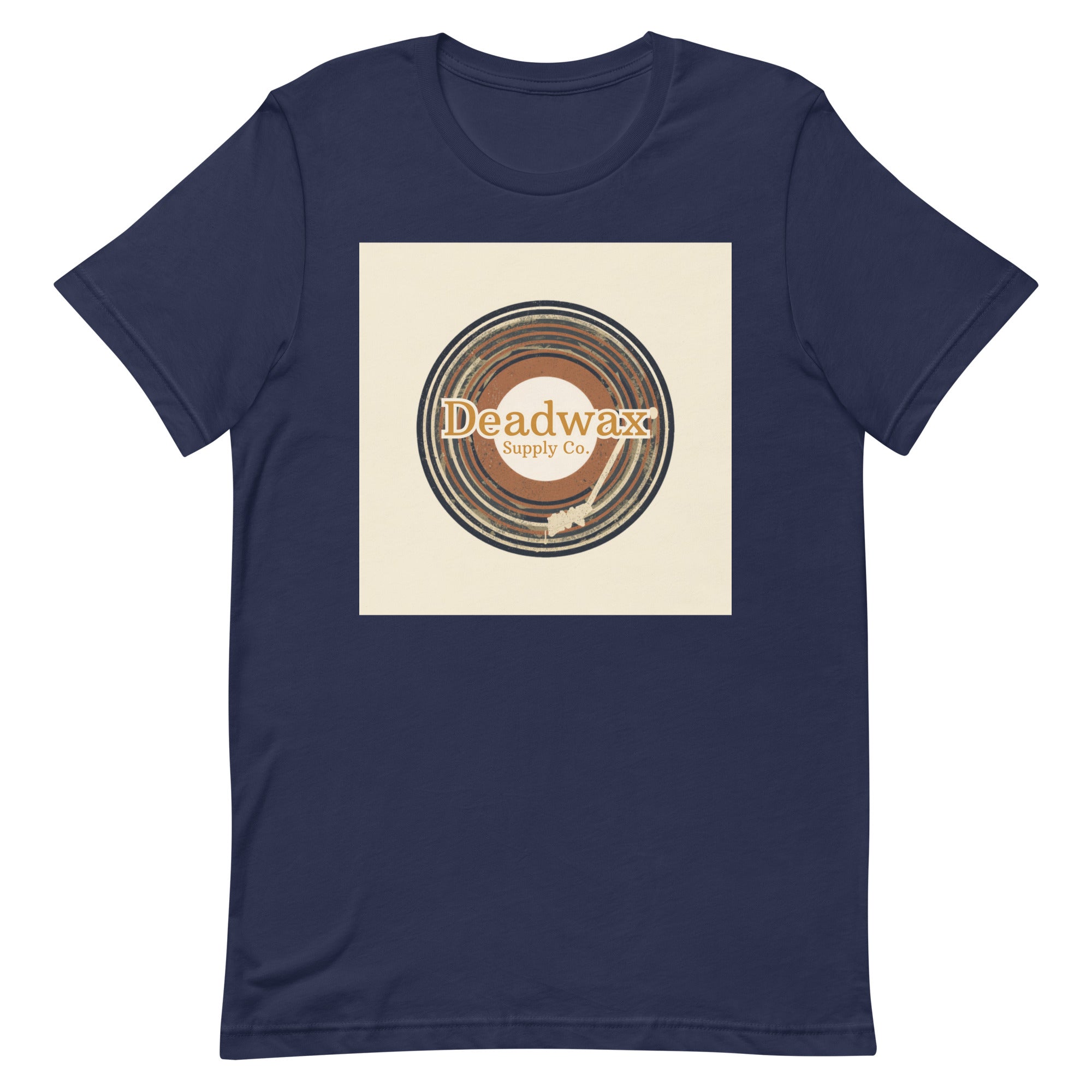 Deadwax Tonearm Tee in navy – vinyl record collector t-shirt with tonearm and record logo