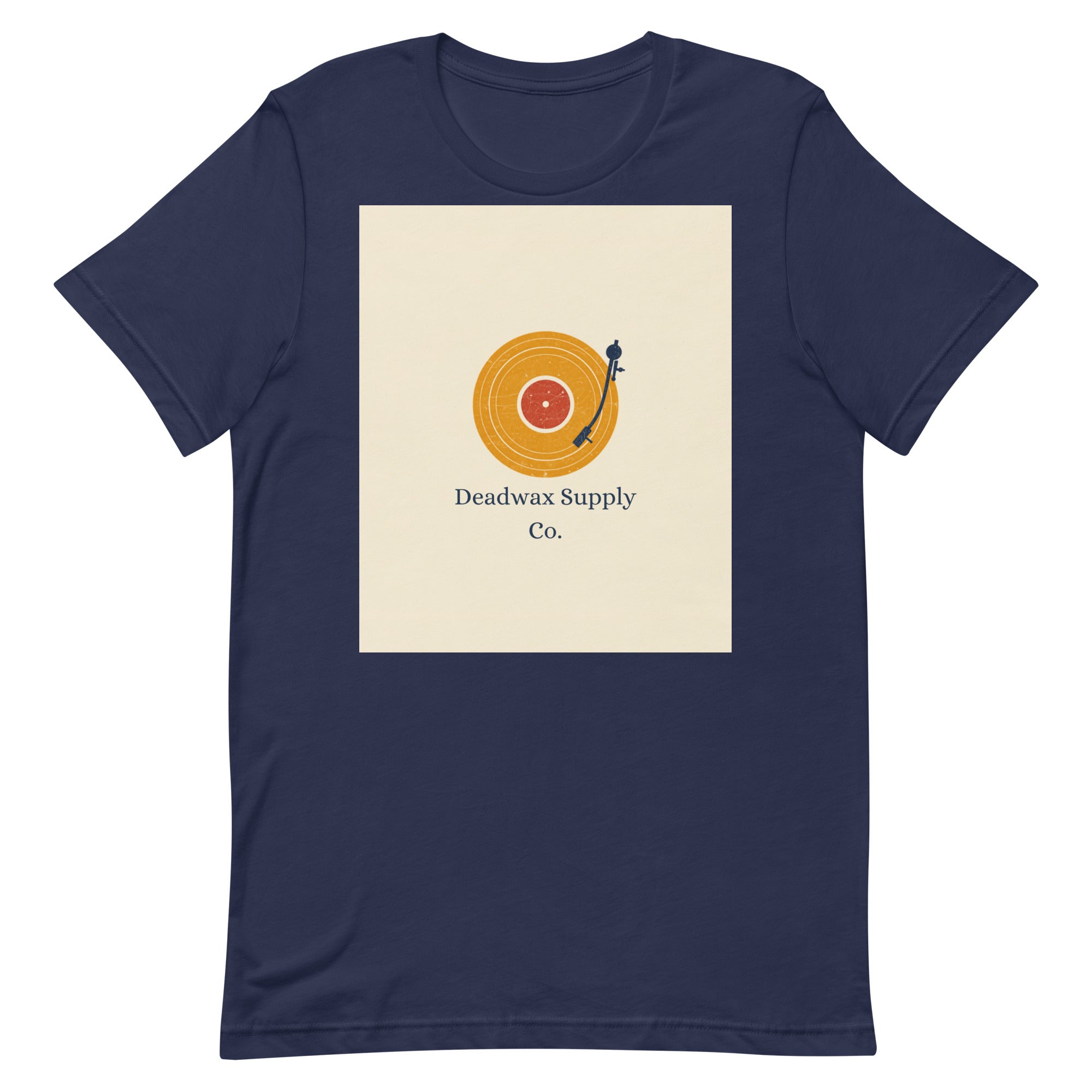 Deadwax Tonearm Tee in navy – vinyl record collector t-shirt with tonearm and record logo